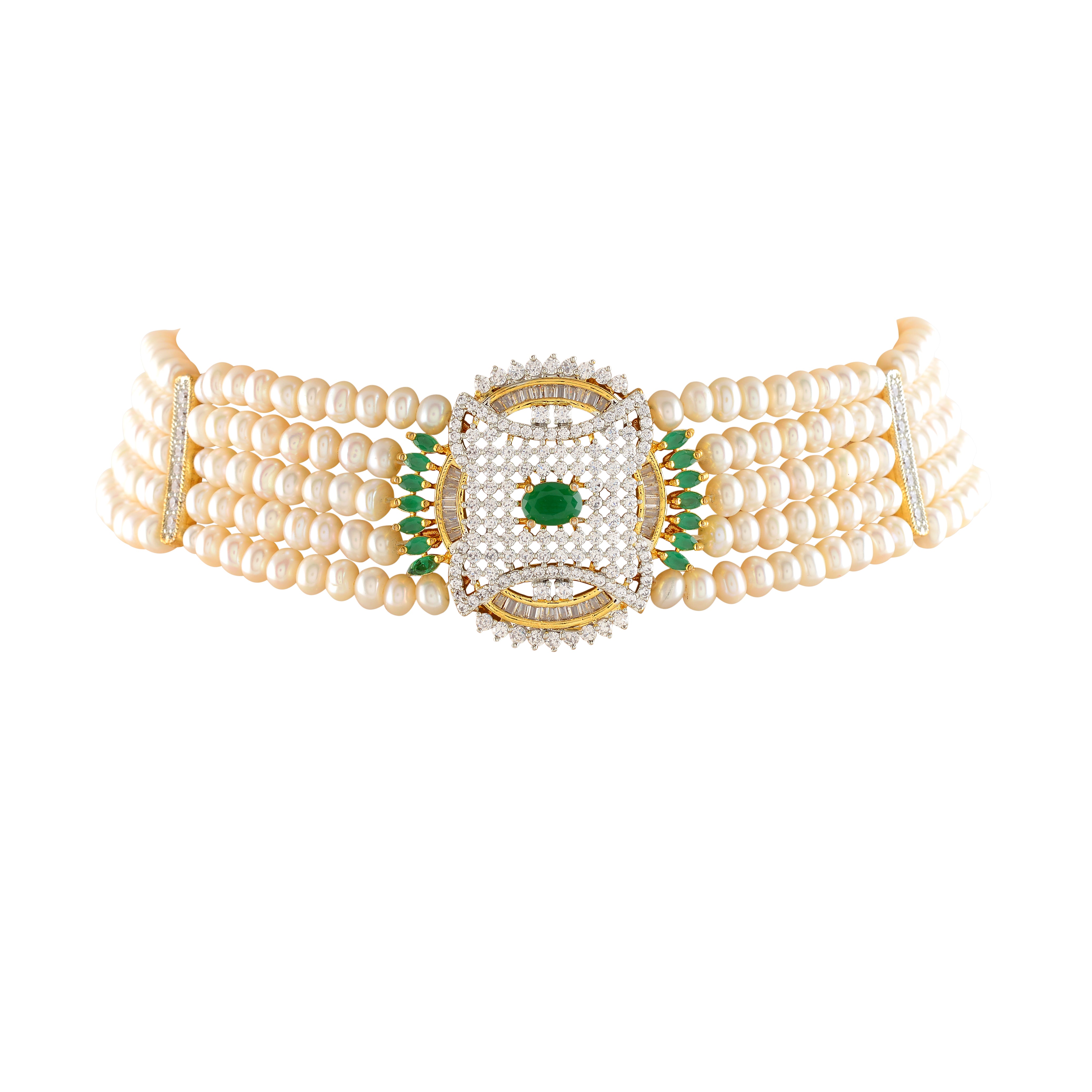 Exquisite Natural Pearl Choker Set with Emeralds and CZ Stones - Krishna Jewellers Pearls and Gems