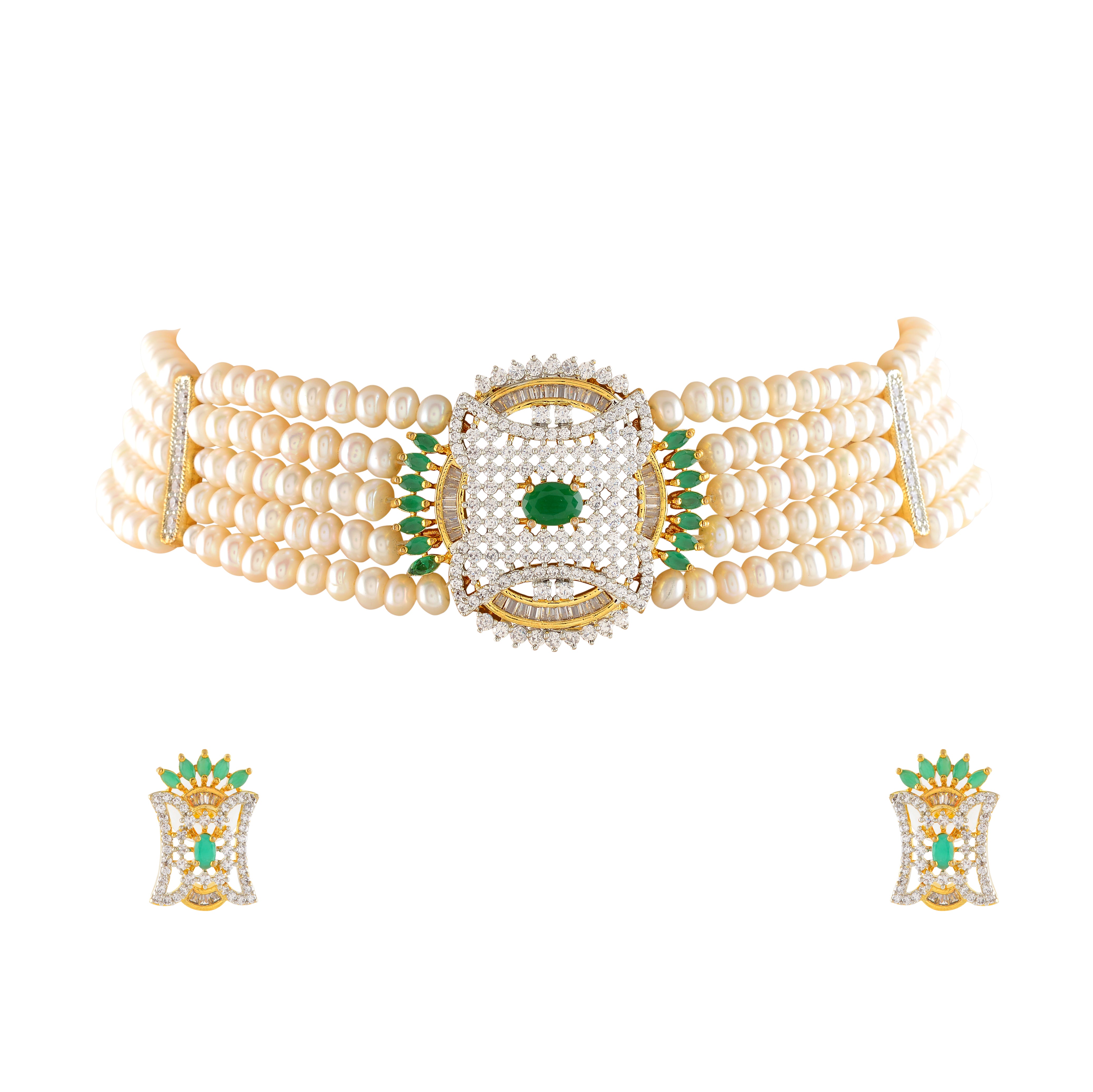 Exquisite Natural Pearl Choker Set with Emeralds and CZ Stones - Krishna Jewellers Pearls and Gems