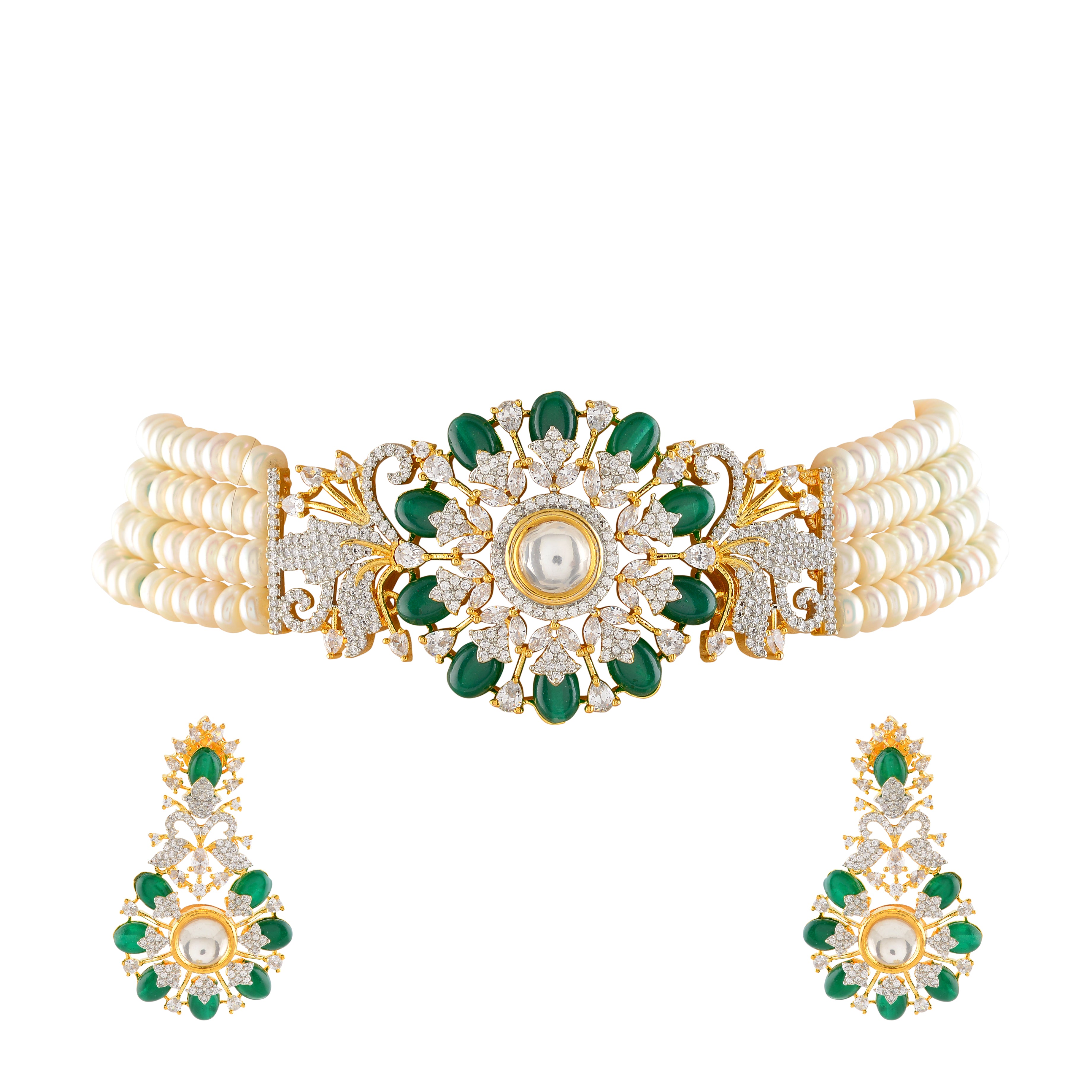 4 Layered Pearl Choker and Earrings with Emerald Stones and CZ's - Krishna Jewellers Pearls and Gems