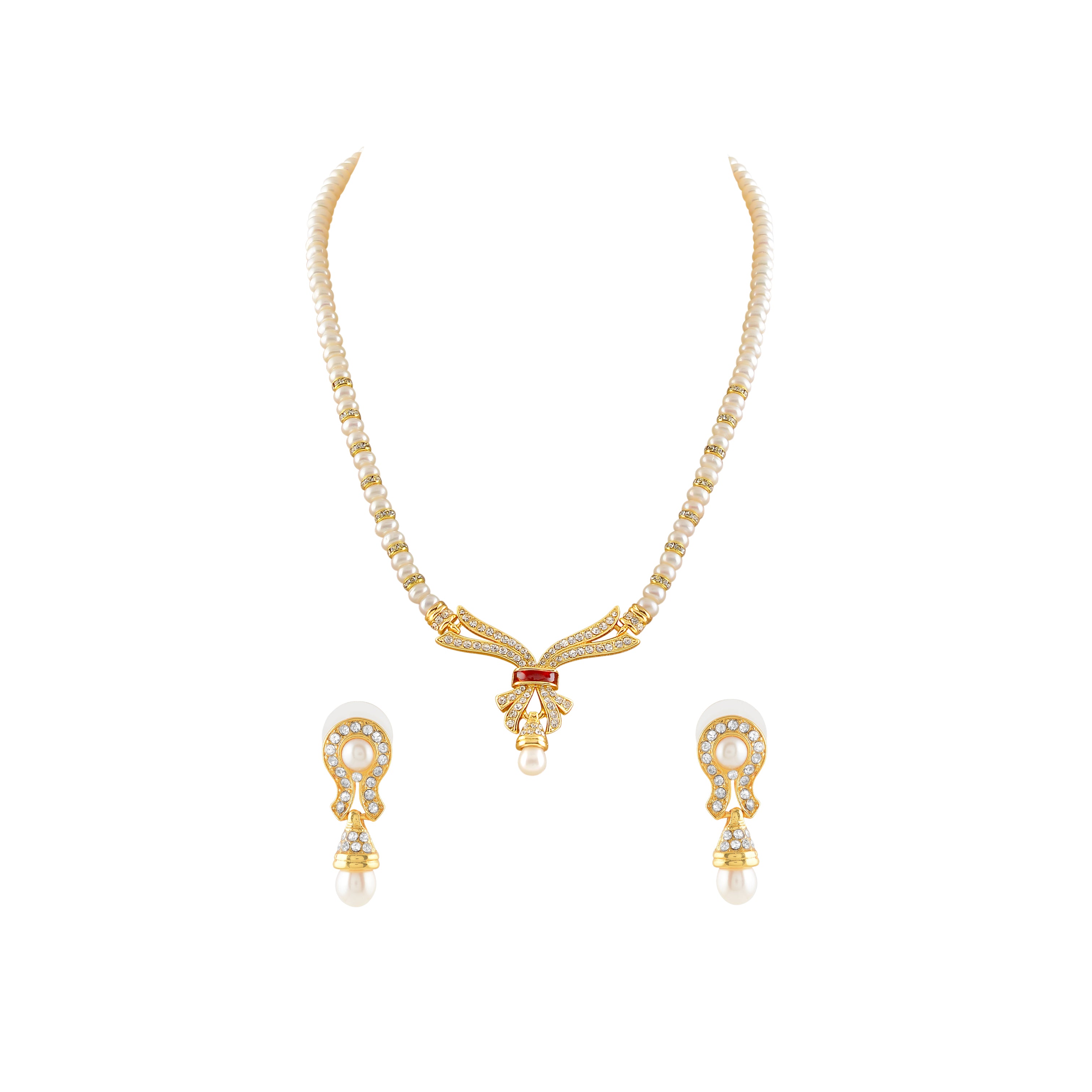 Elegant Button Pearl Single Line Necklace and Earrings Set - Krishna Jewellers Pearls and Gems