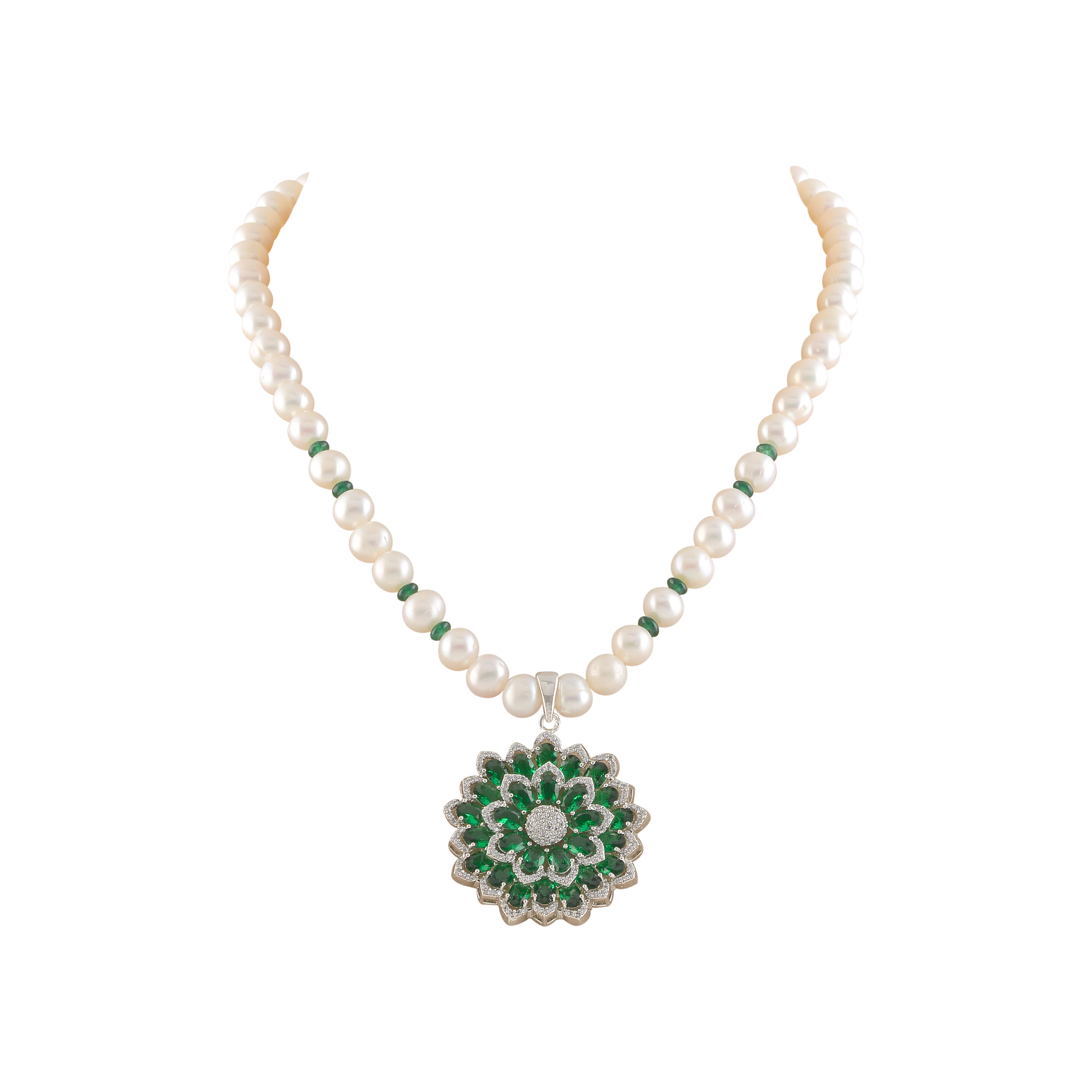 Beautiful Round Freshwater Pearl Necklace Set with Greenstone Pendant - Krishna Jewellers Pearls and Gems