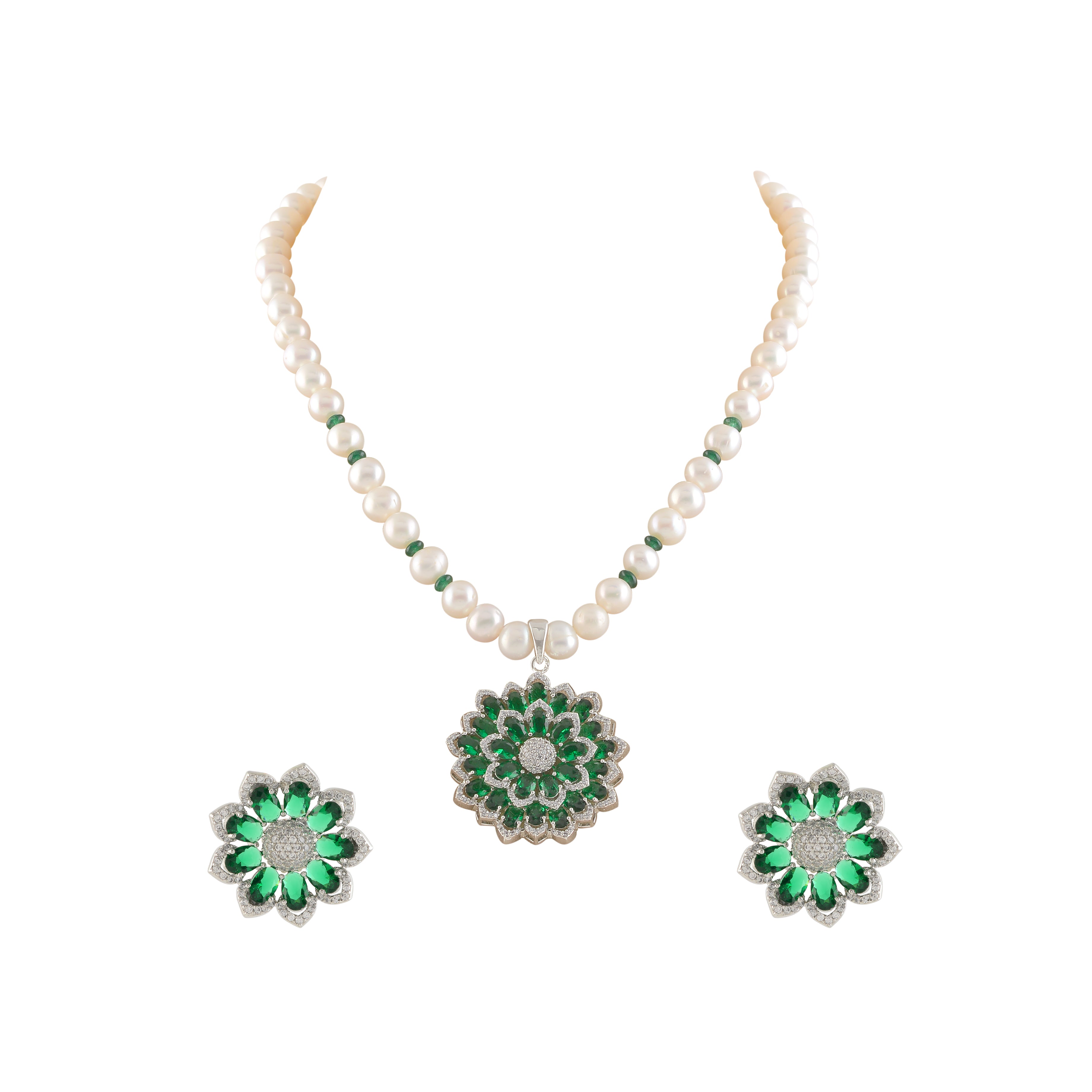 Beautiful Round Freshwater Pearl Necklace Set with Greenstone Pendant - Krishna Jewellers Pearls and Gems