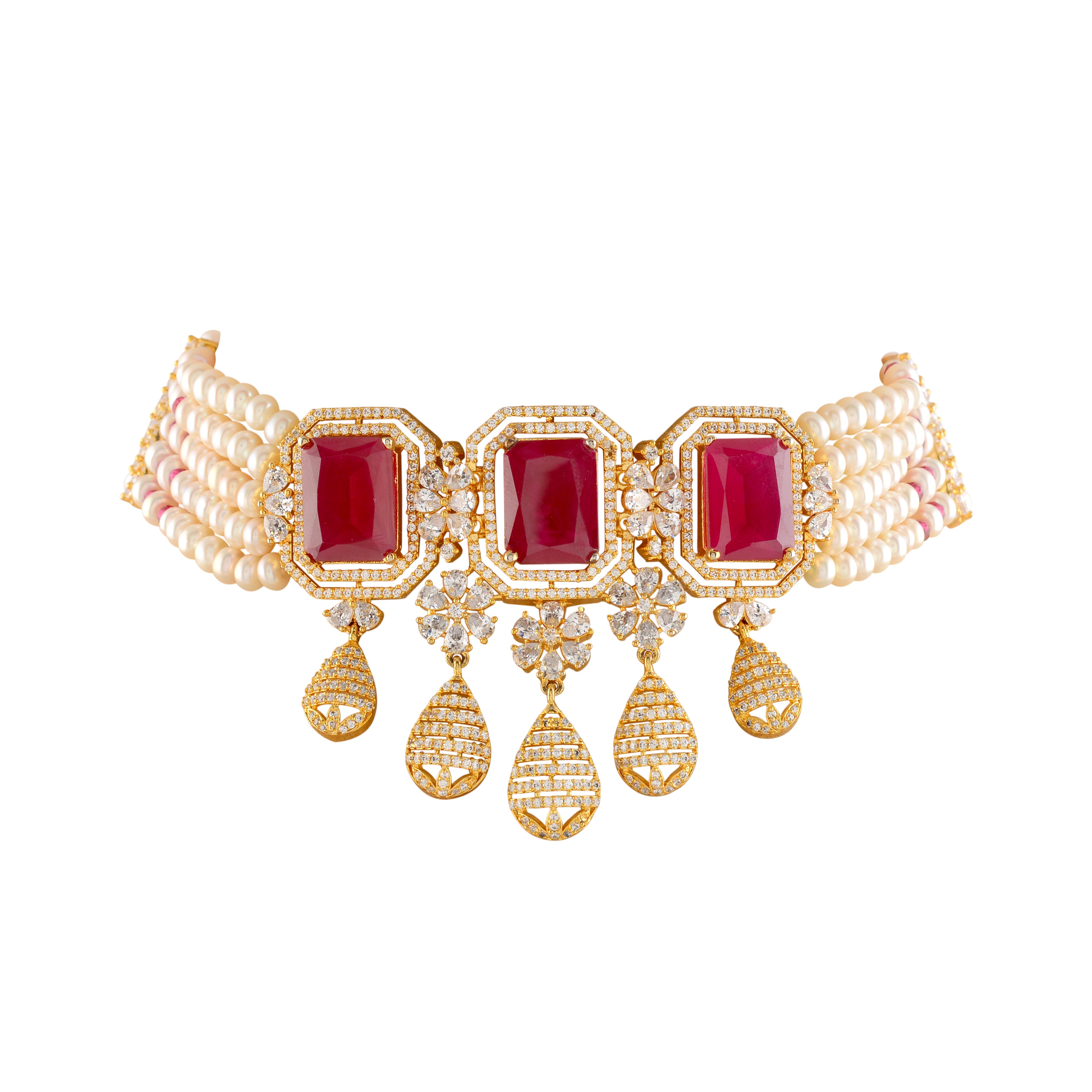 Elegant 5-Layered Choker Pearl Necklace and Earrings with Red Stones - Krishna Jewellers Pearls and Gems