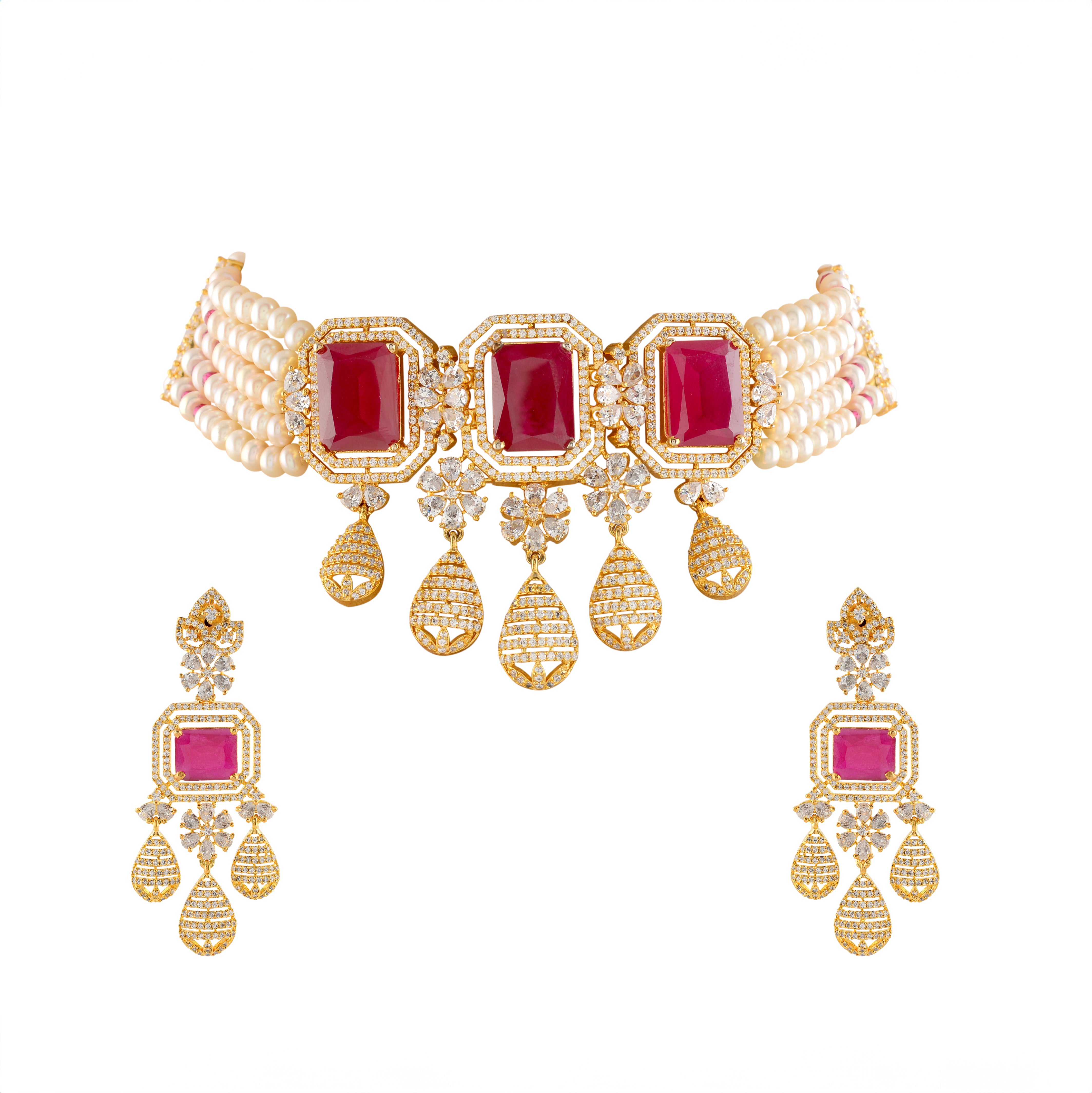 Elegant 5-Layered Choker Pearl Necklace and Earrings with Red Stones - Krishna Jewellers Pearls and Gems