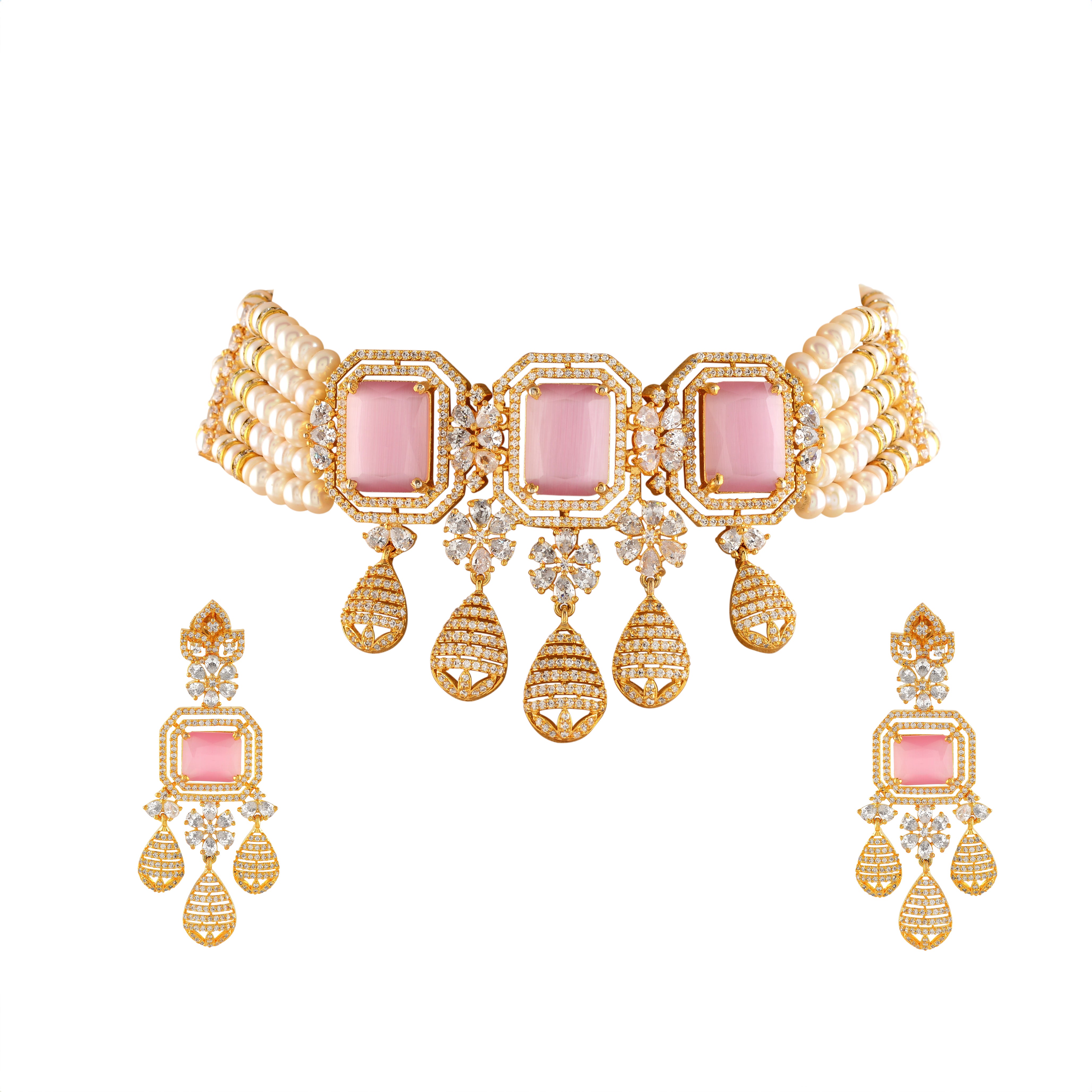 Elegant 5-Layered Pearl Choker Necklace Set with Pink Stones - Krishna Jewellers Pearls and Gems