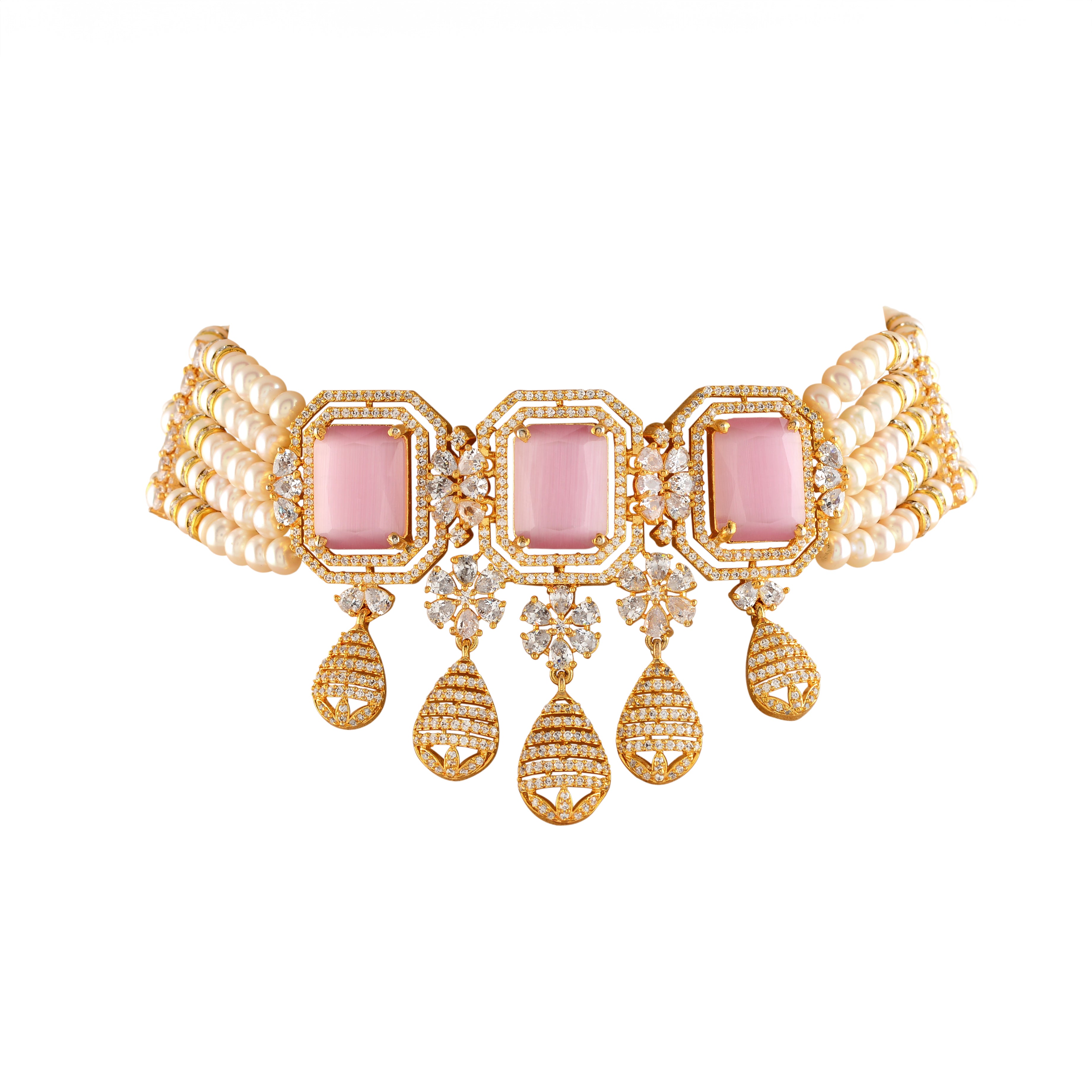 Elegant 5-Layered Pearl Choker Necklace Set with Pink Stones - Krishna Jewellers Pearls and Gems