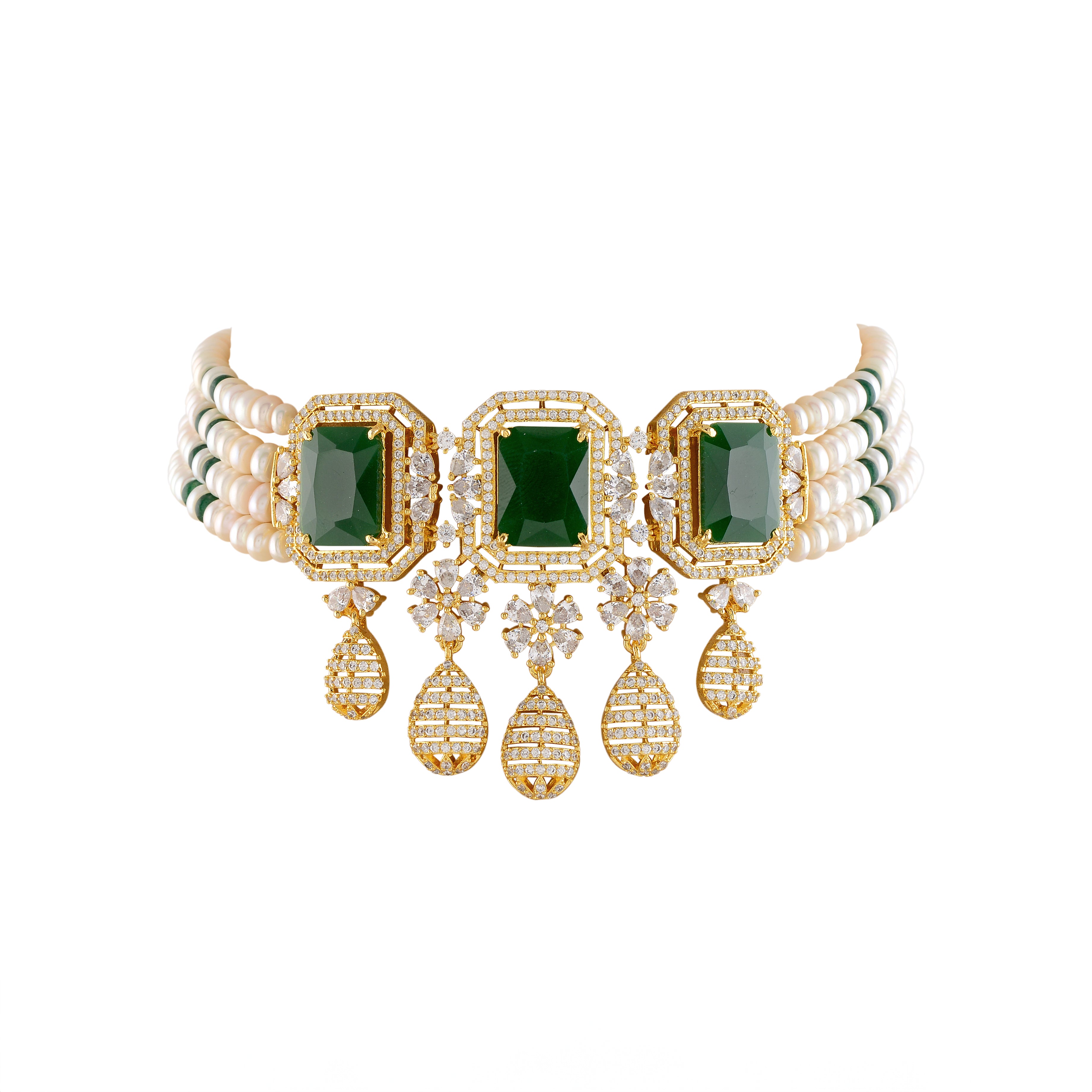 Elegant Natural Pearl Choker Necklace Set with Greenstones - Krishna Jewellers Pearls and Gems