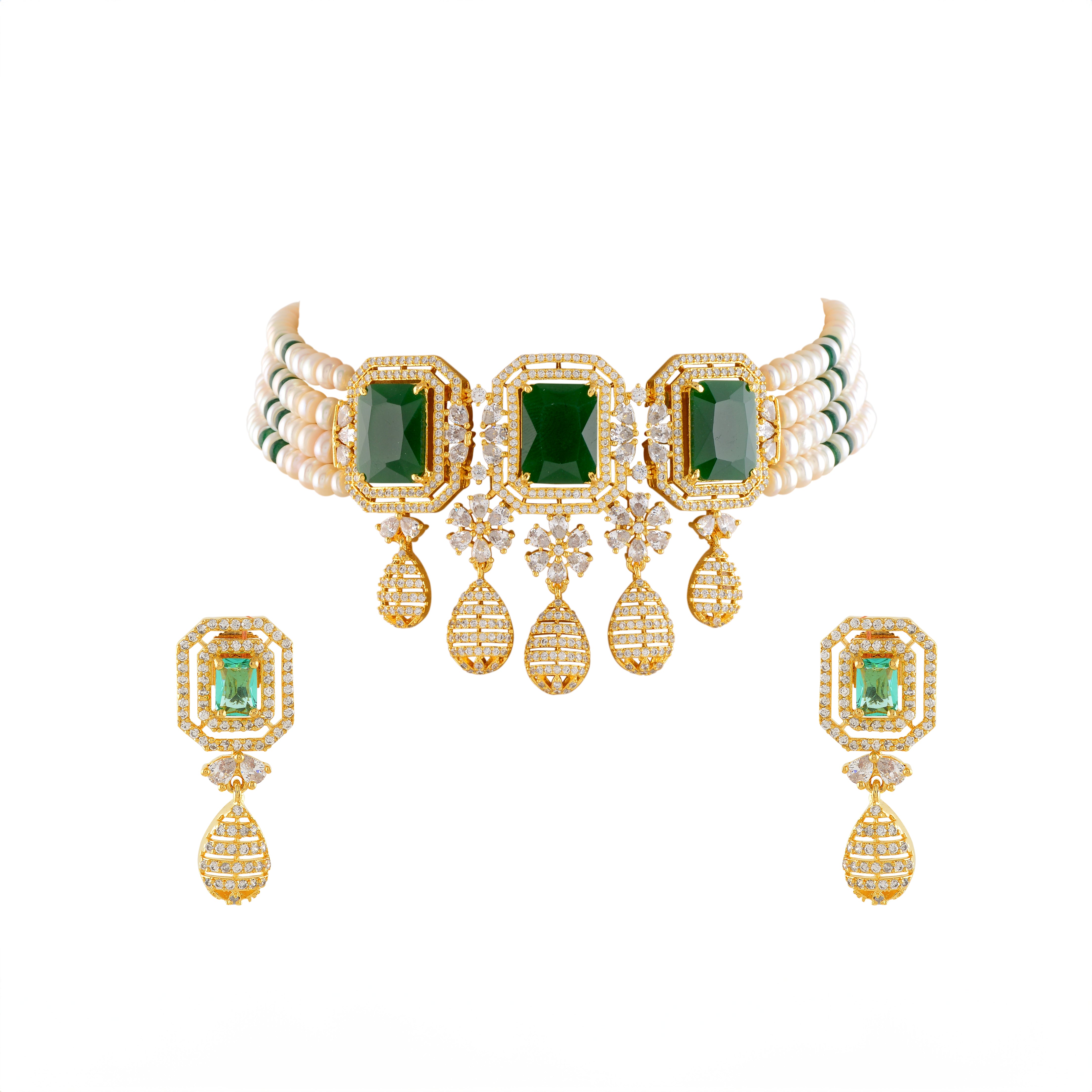 Elegant Natural Pearl Choker Necklace Set with Greenstones - Krishna Jewellers Pearls and Gems