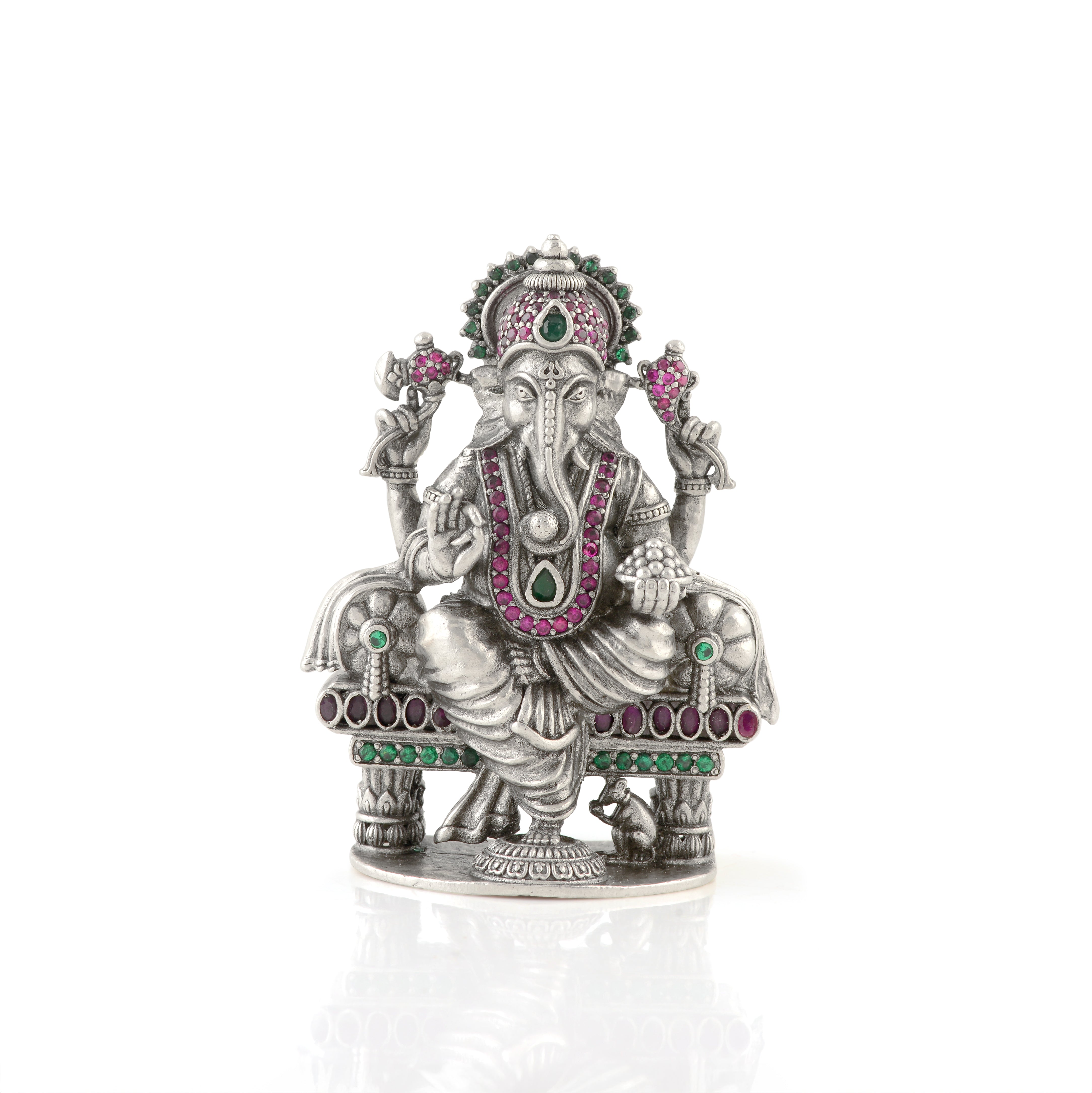 Silver Ganesh Idol with Gemstones for Prosperity & Luck