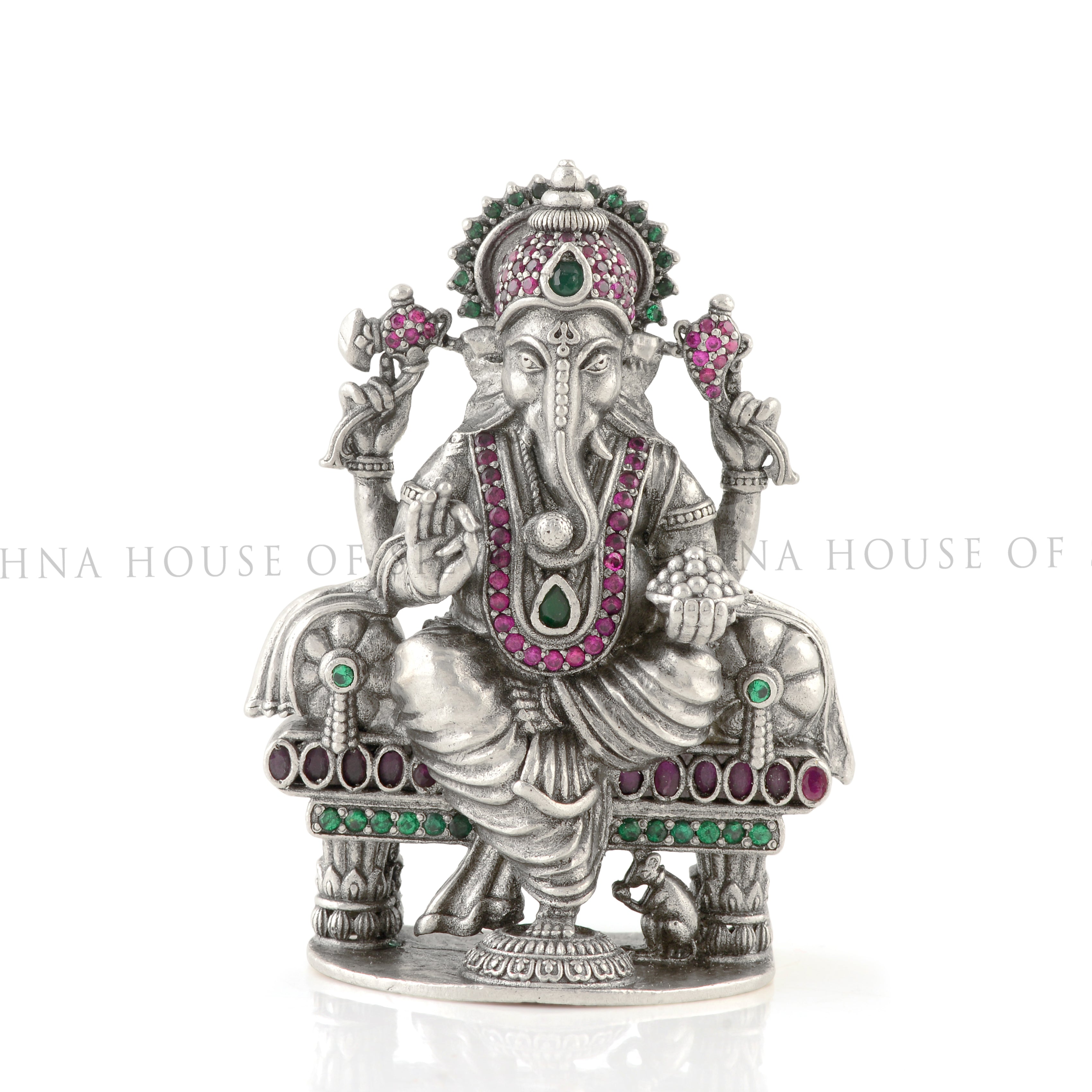 Silver Ganesh Idol with Gemstones for Prosperity & Luck - Krishna Jewellers Pearls and Gems