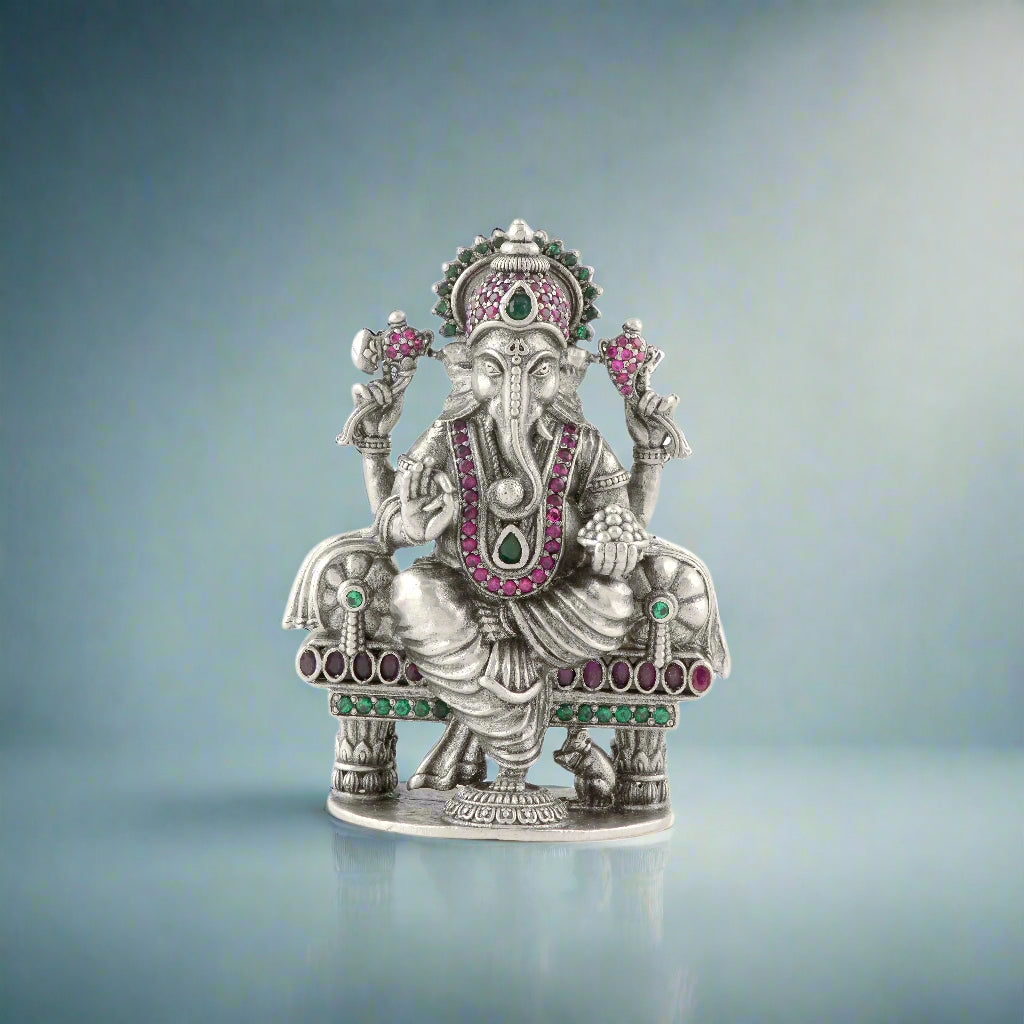 Silver Ganesh Idol with Gemstones for Prosperity & Luck