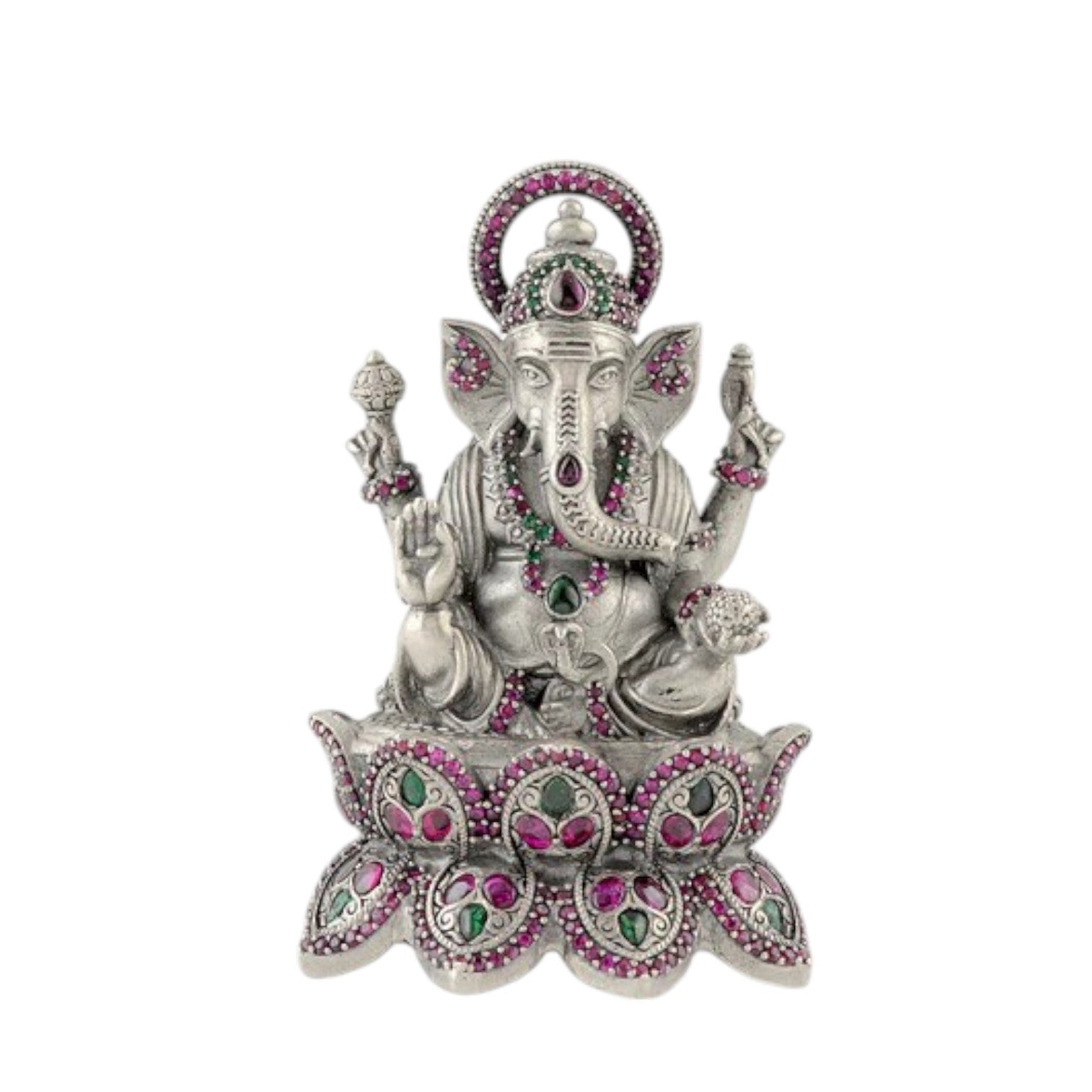 Antique Finish Silver Lotus Ganesh with Stone Details