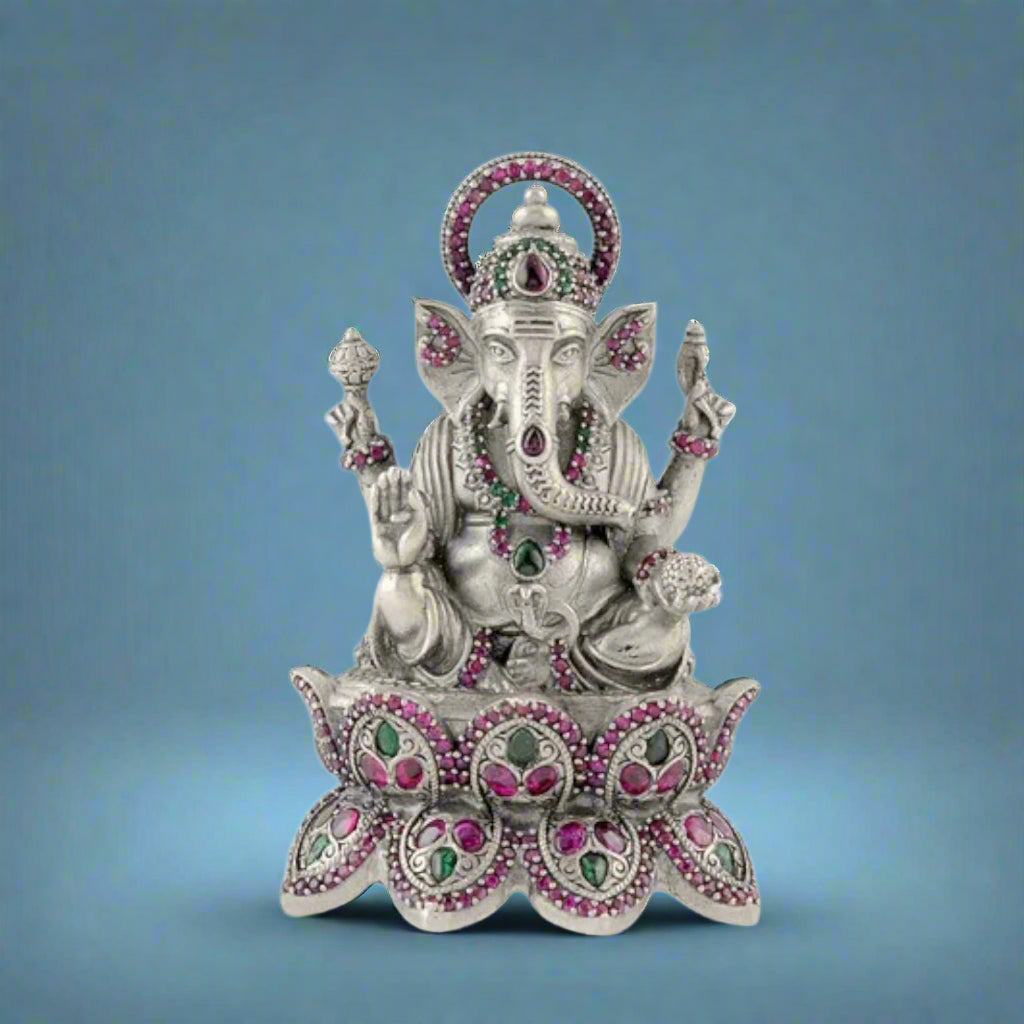 Antique Finish Silver Lotus Ganesh with Stone Details