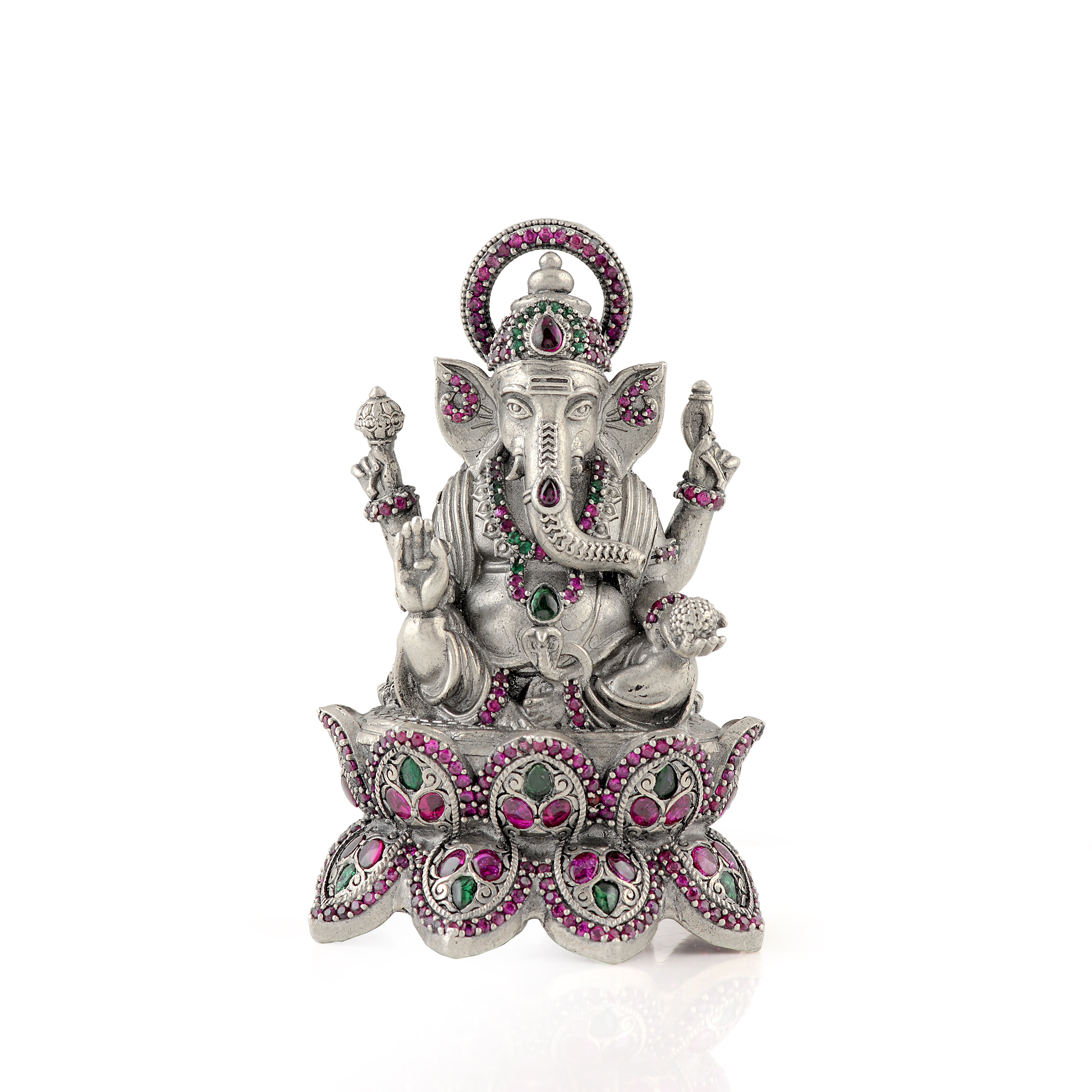 Antique Finish Silver Lotus Ganesh with Stone Details