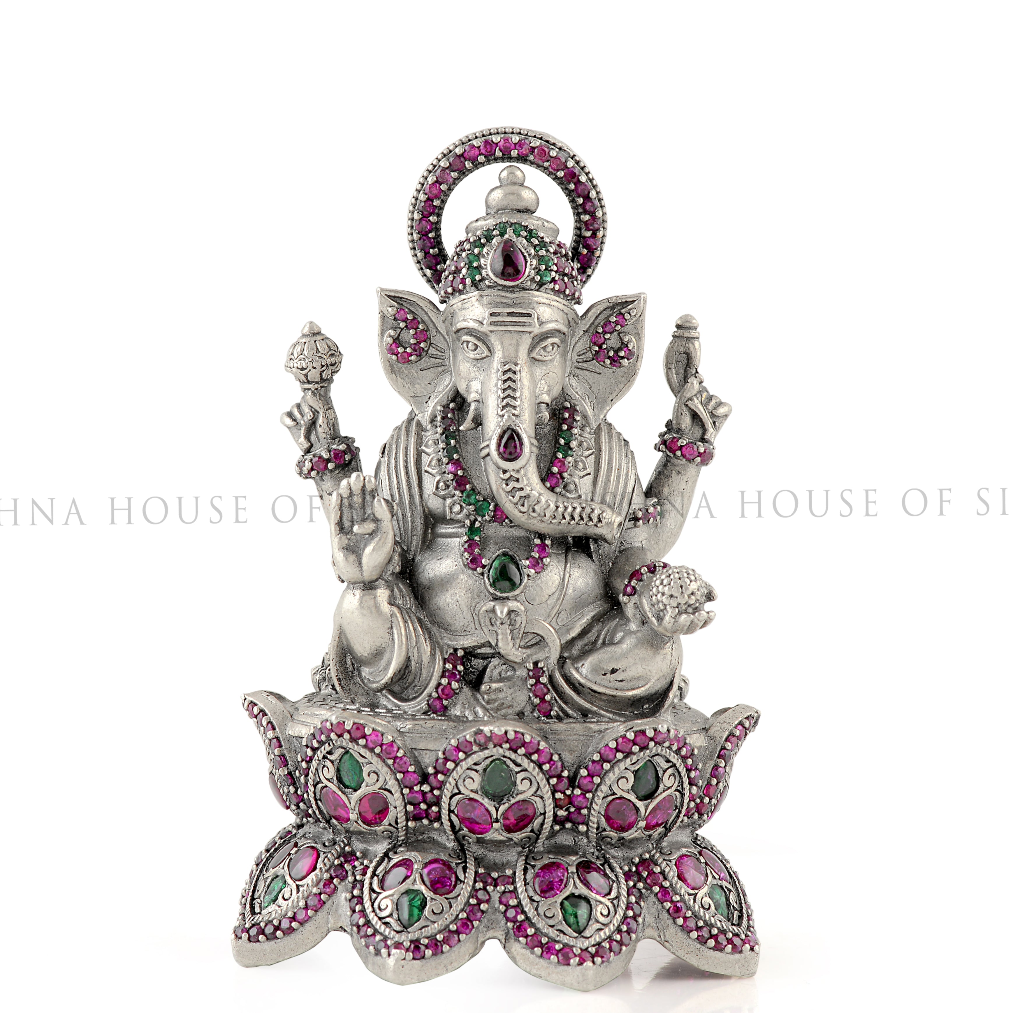 Antique Finish Silver Lotus Ganesh with Stone Details