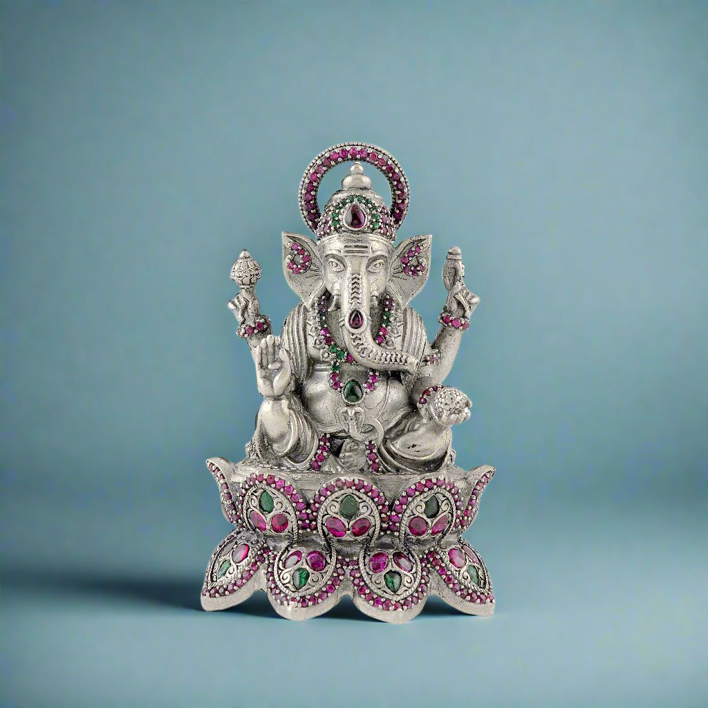 Antique Finish Silver Lotus Ganesh with Stone Details