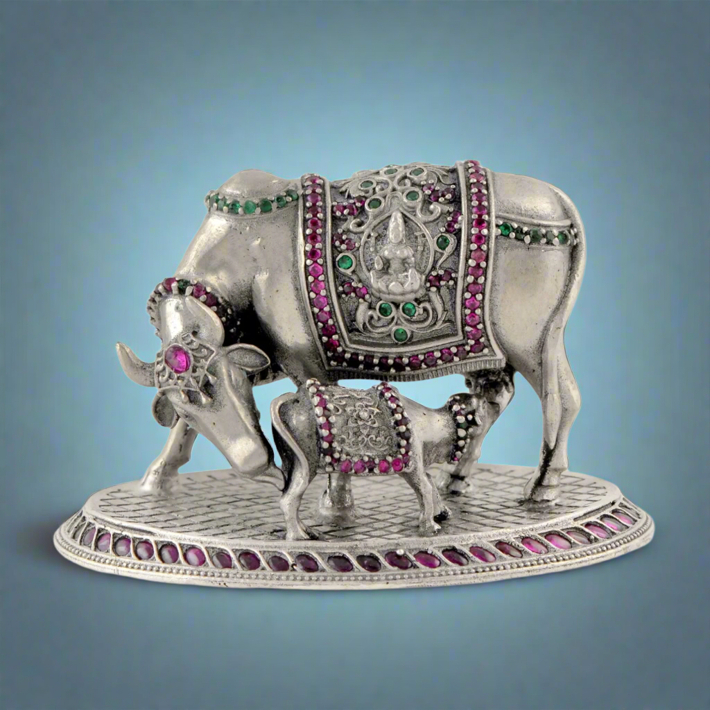 Silver Cow and Calf in Antique Finish Crafted with 92.5