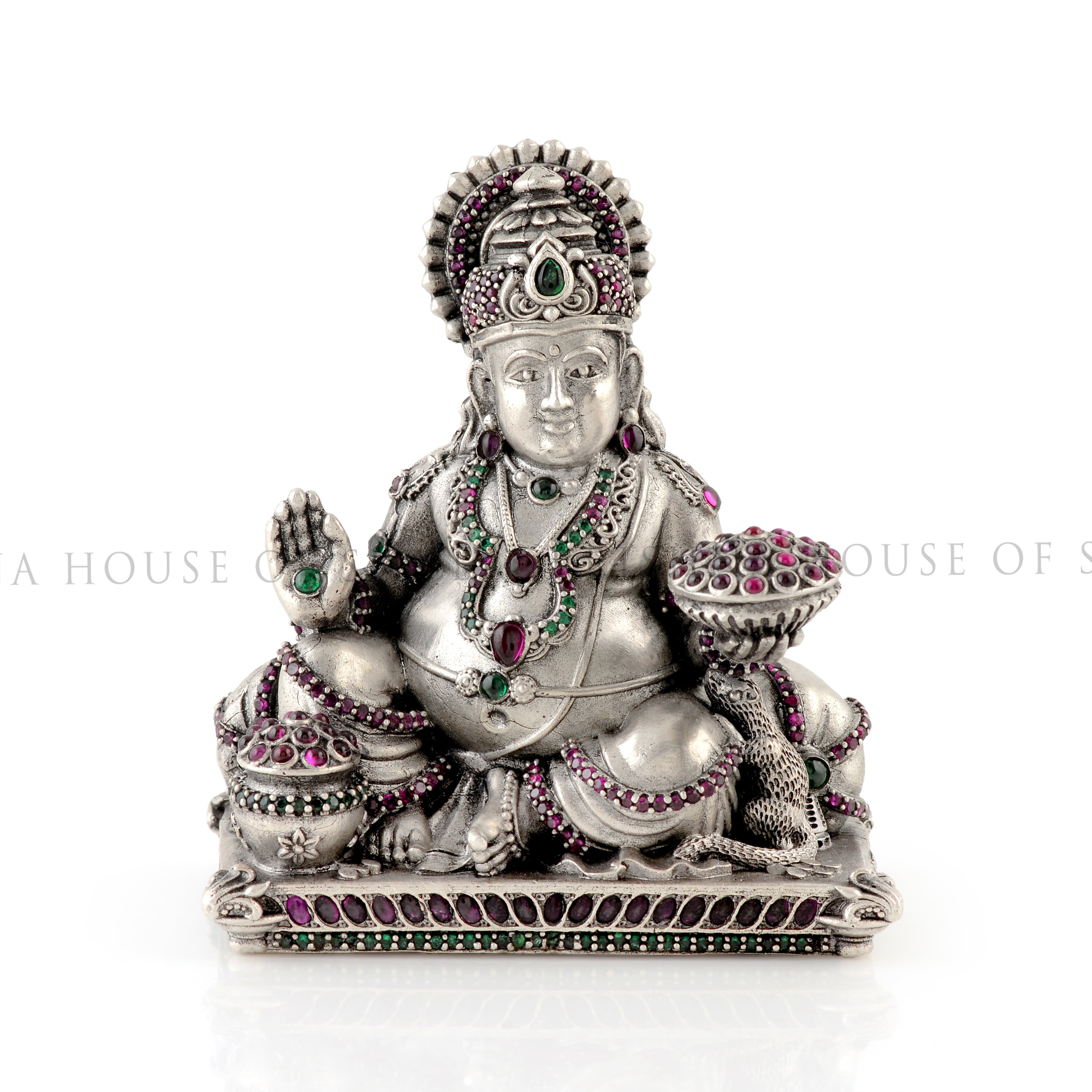 92.5 Silver Kuber Idol - Seated Pose with Money Pot with stones