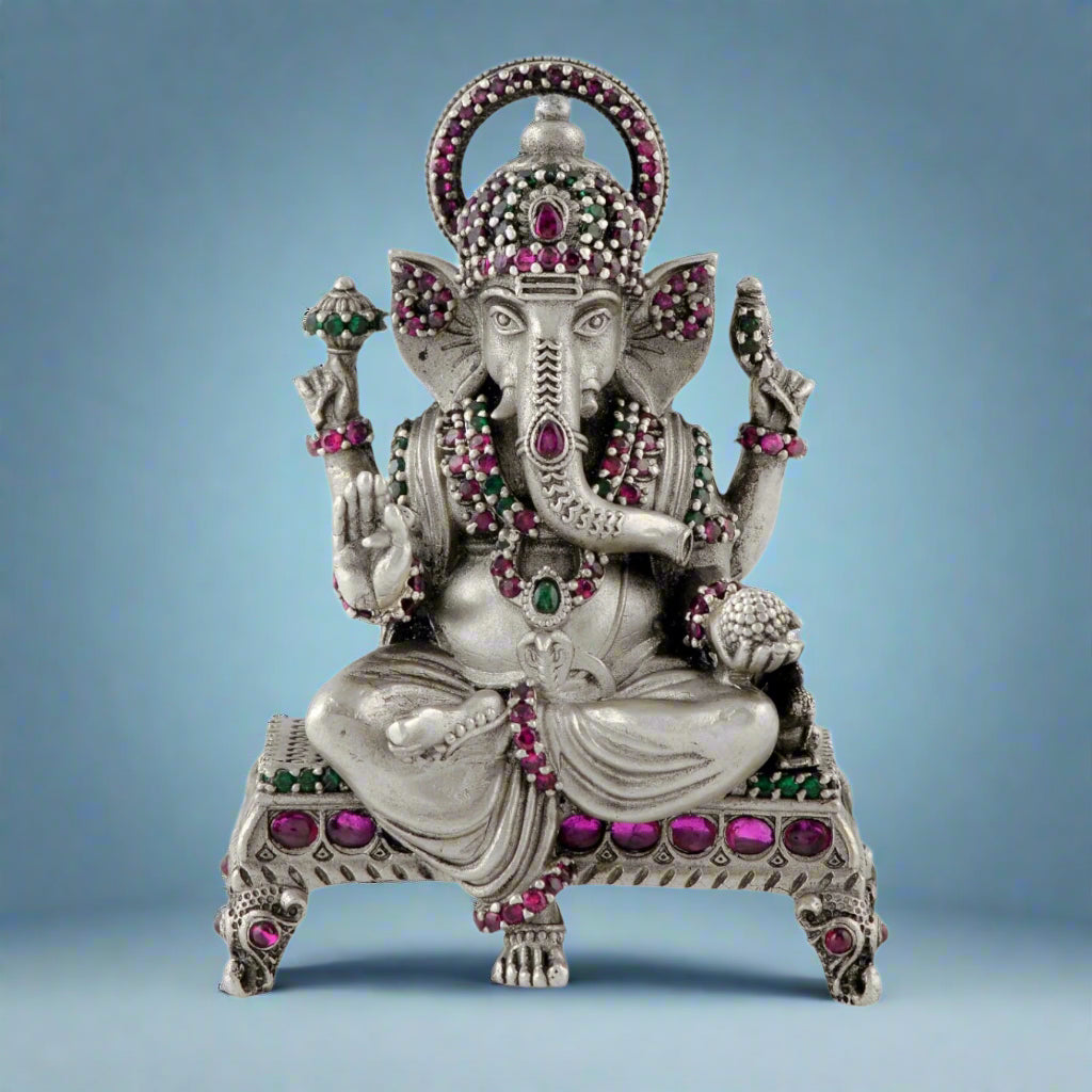 Classic Pitam Design Ganesh Murti 92.5 Silver with Stone Inlay