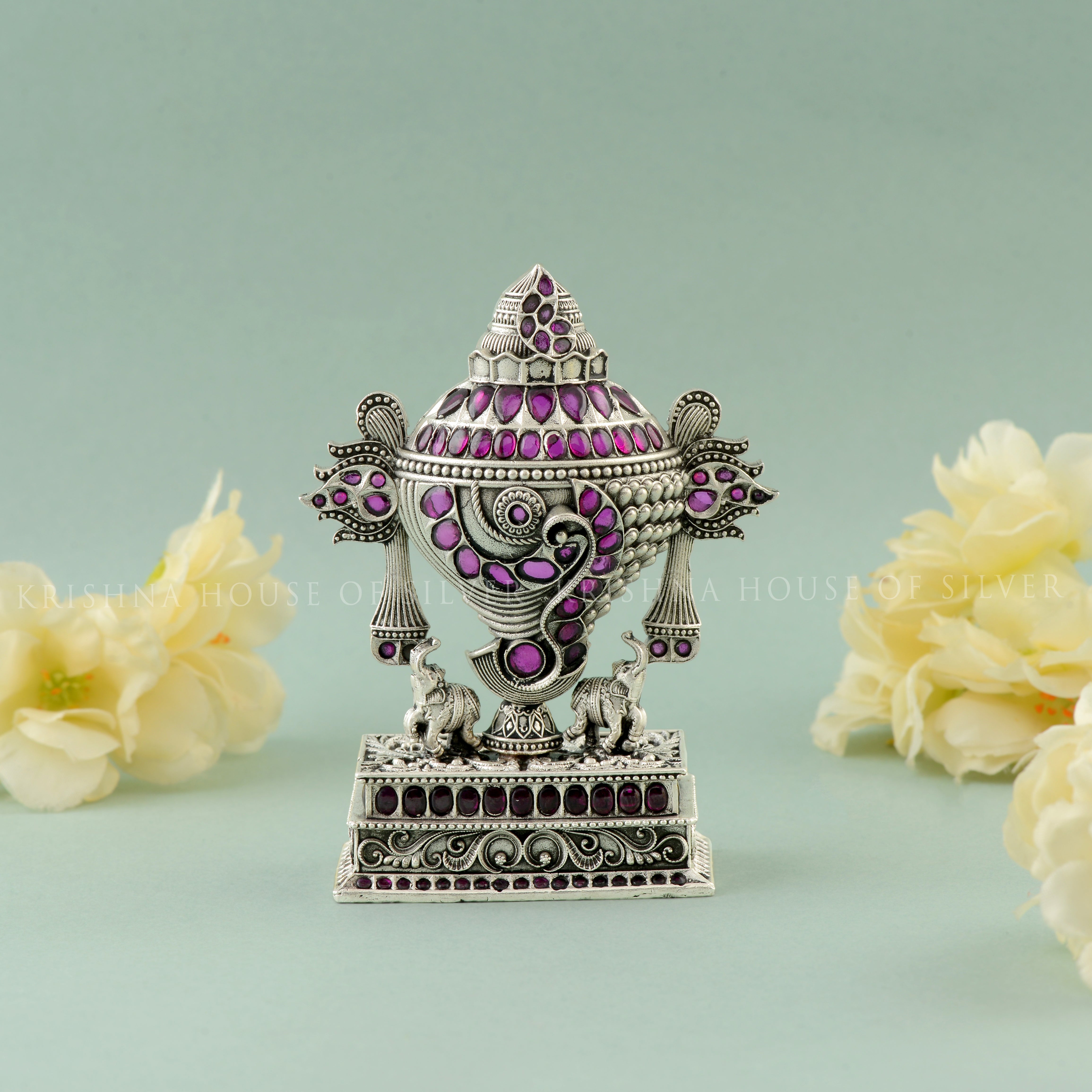 Beautiful Silver Shanku with Elephant Motifs & Gemstone Details