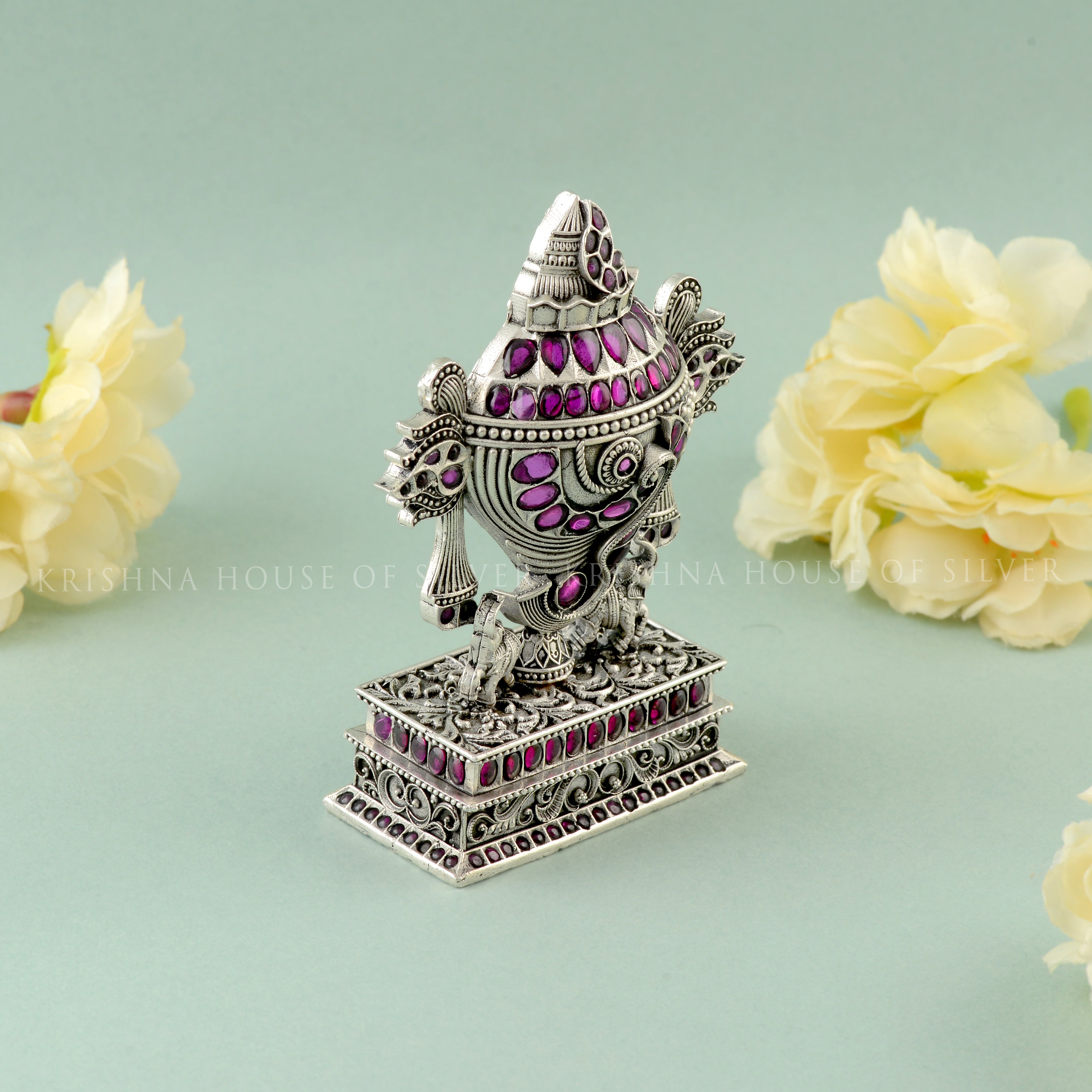 Beautiful Silver Shanku with Elephant Motifs & Gemstone Details