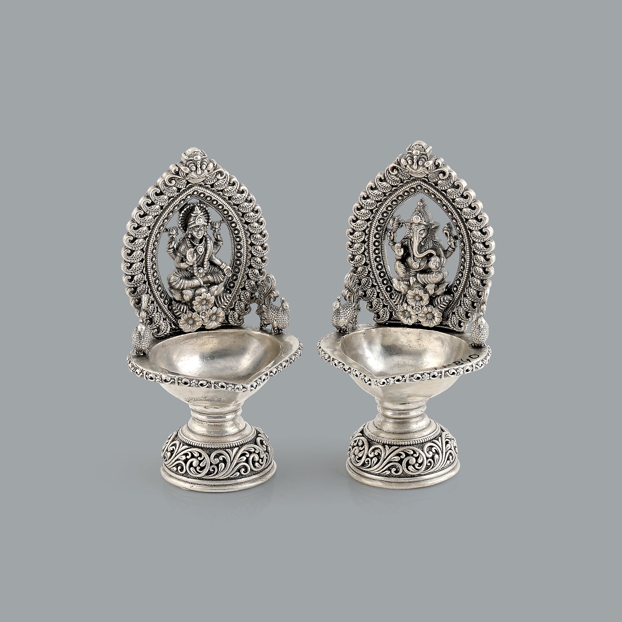 Antique Silver Diya Laxmi Devi and Ganesh Statues