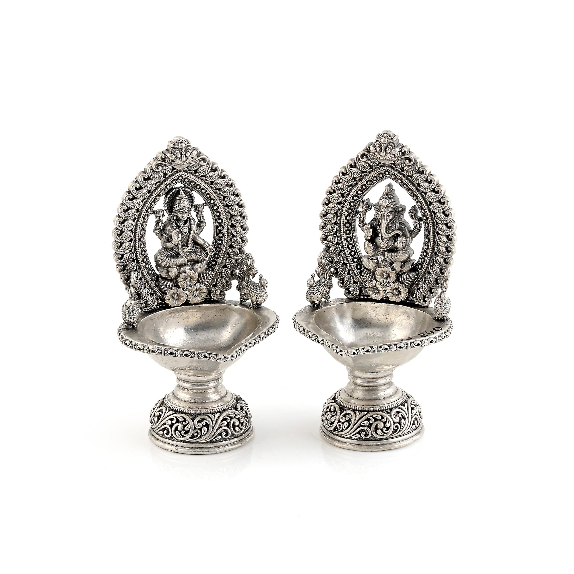 Antique Silver Diya Laxmi Devi and Ganesh Statues