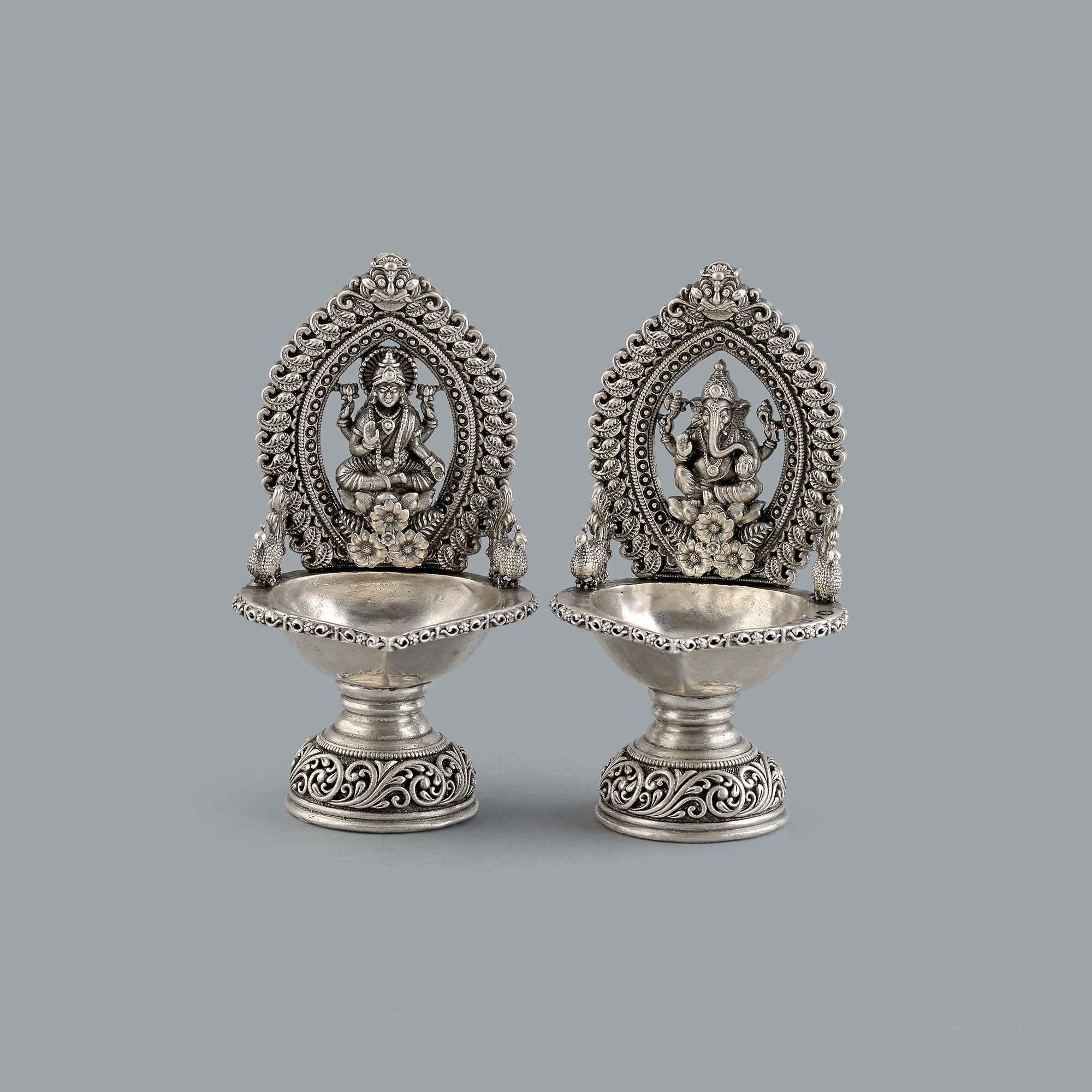 Antique Silver Diya Laxmi Devi and Ganesh Statues