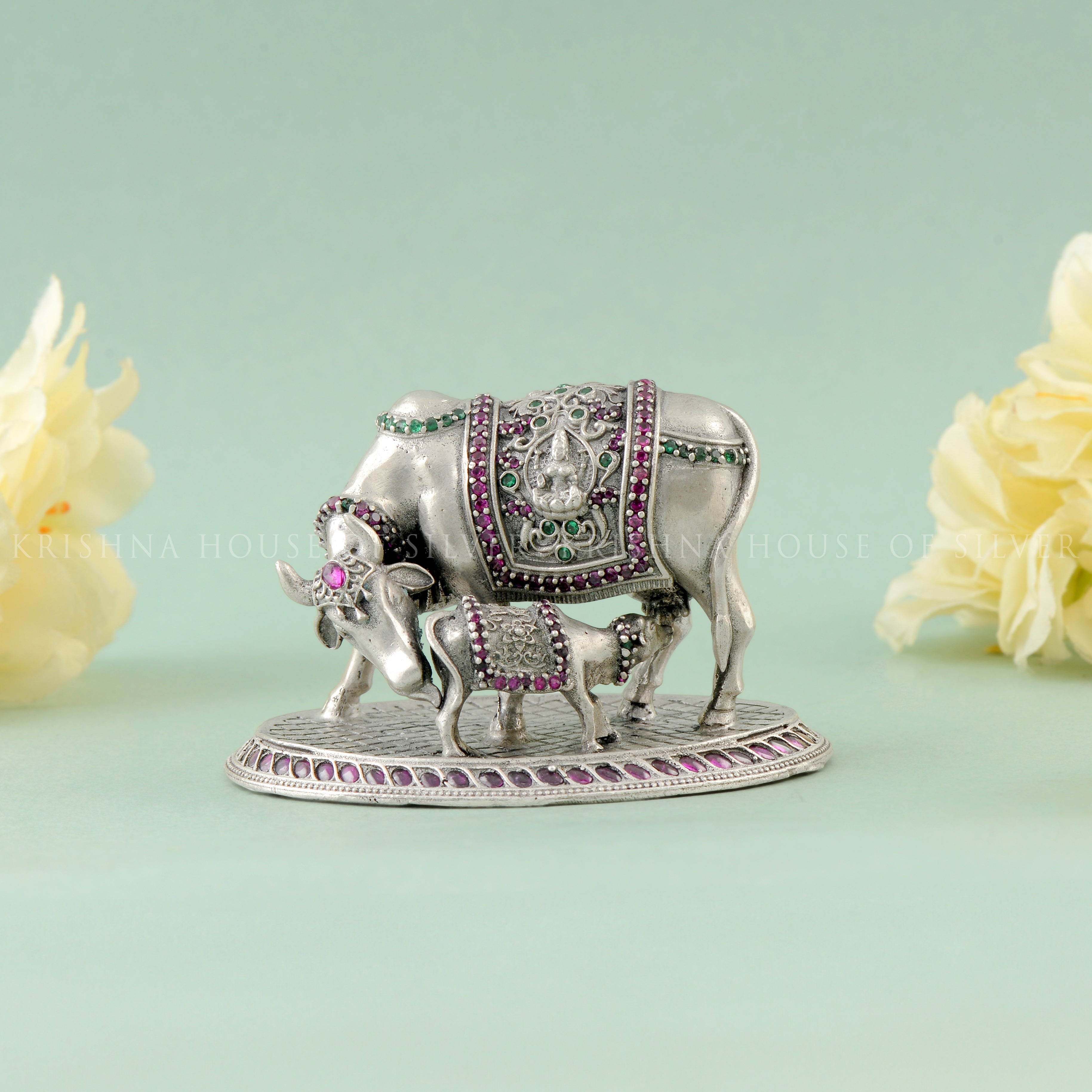 Silver Cow and Calf in Antique Finish Crafted with 92.5 - Krishna House Of Silver