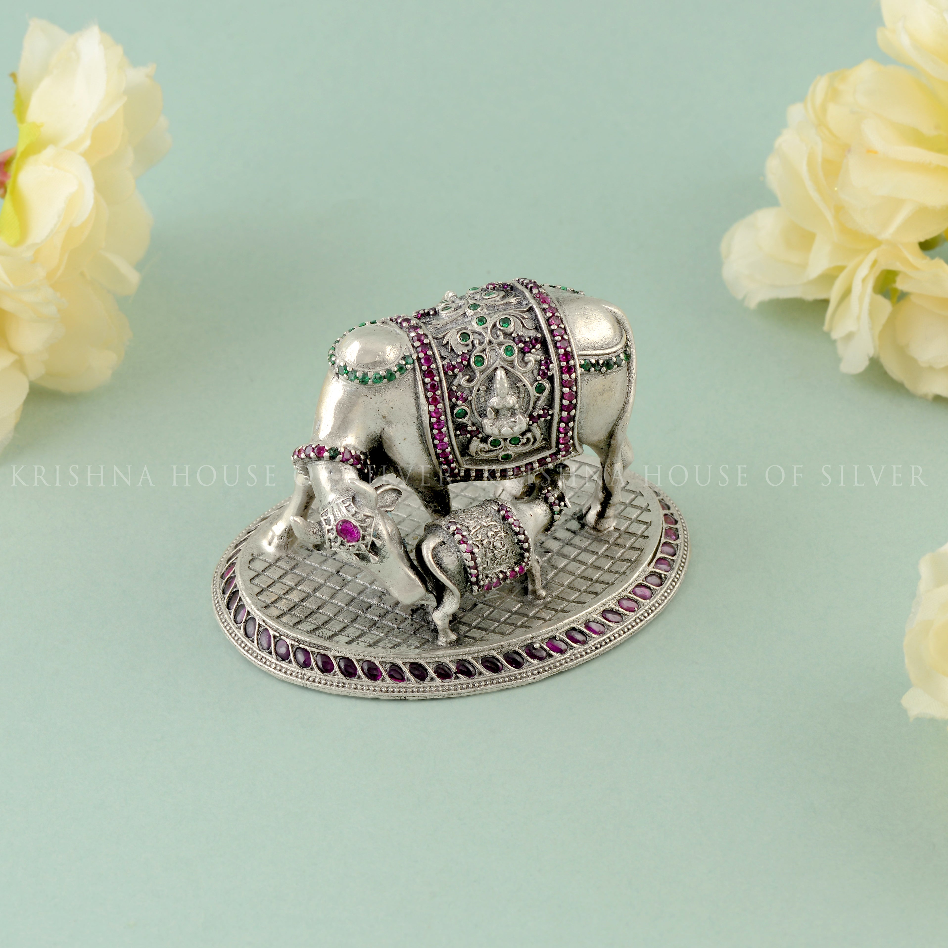 Silver Cow and Calf in Antique Finish Crafted with 92.5 - Krishna House Of Silver