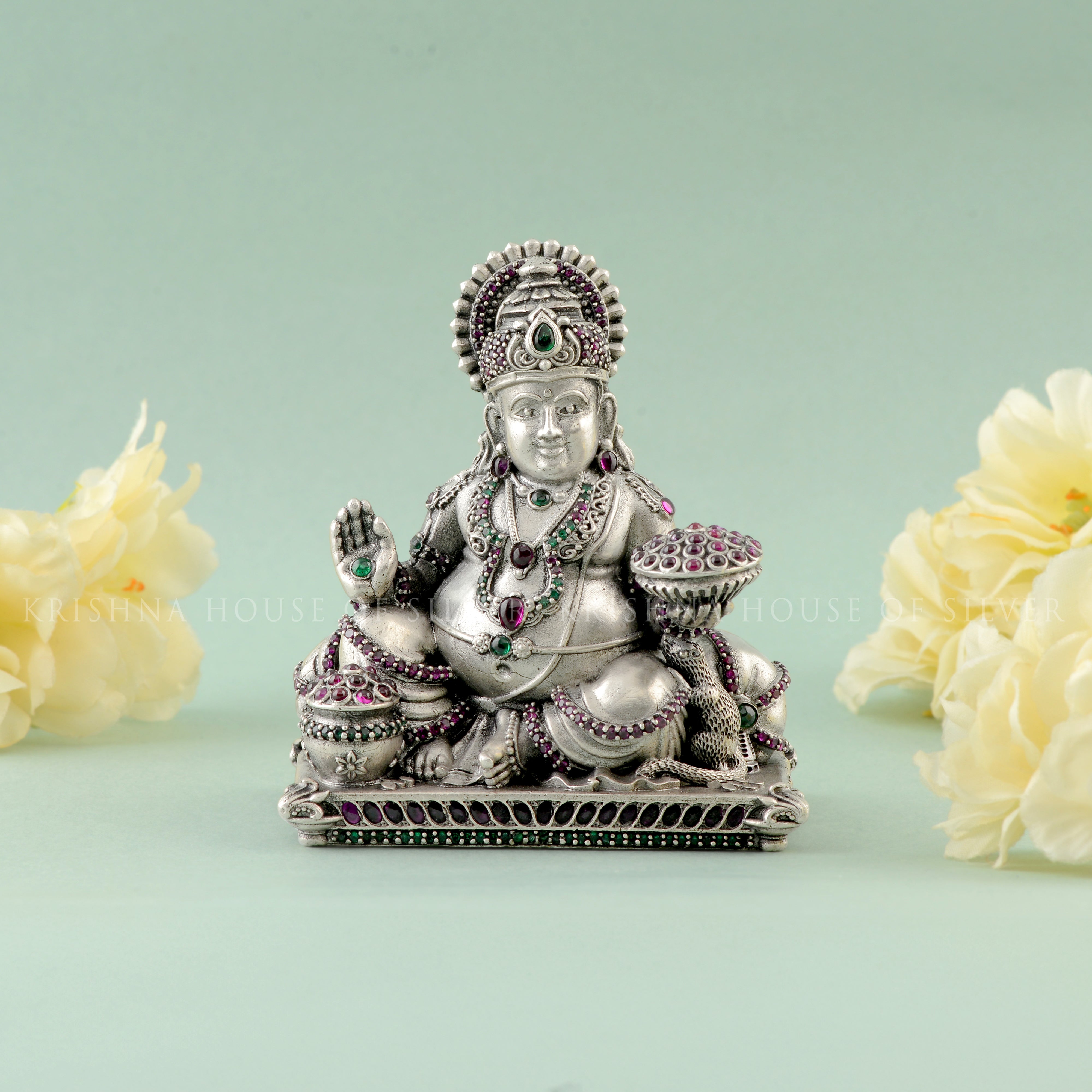 92.5 Silver Kuber Idol - Seated Pose with Money Pot with stones