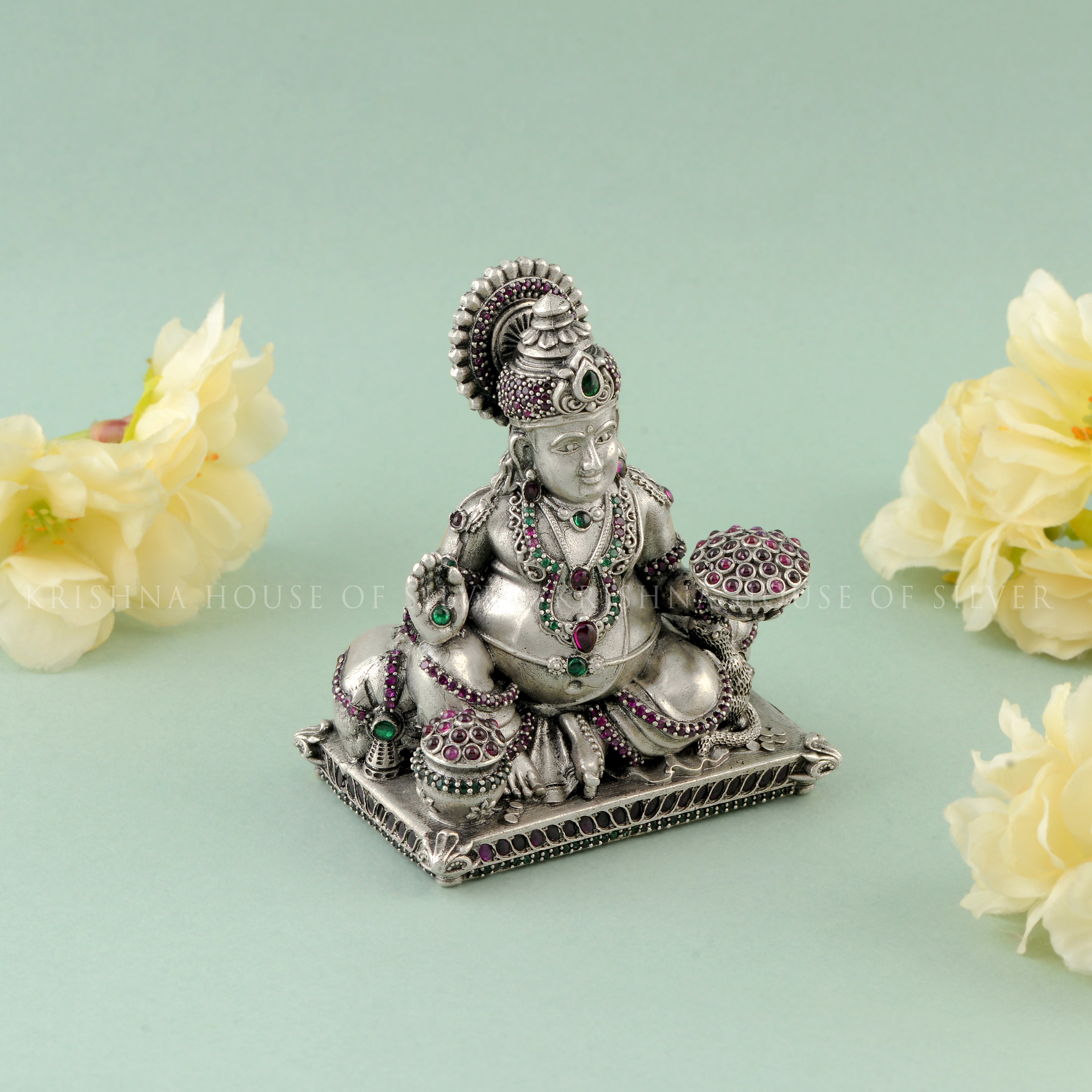 92.5 Silver Kuber Idol - Seated Pose with Money Pot with stones