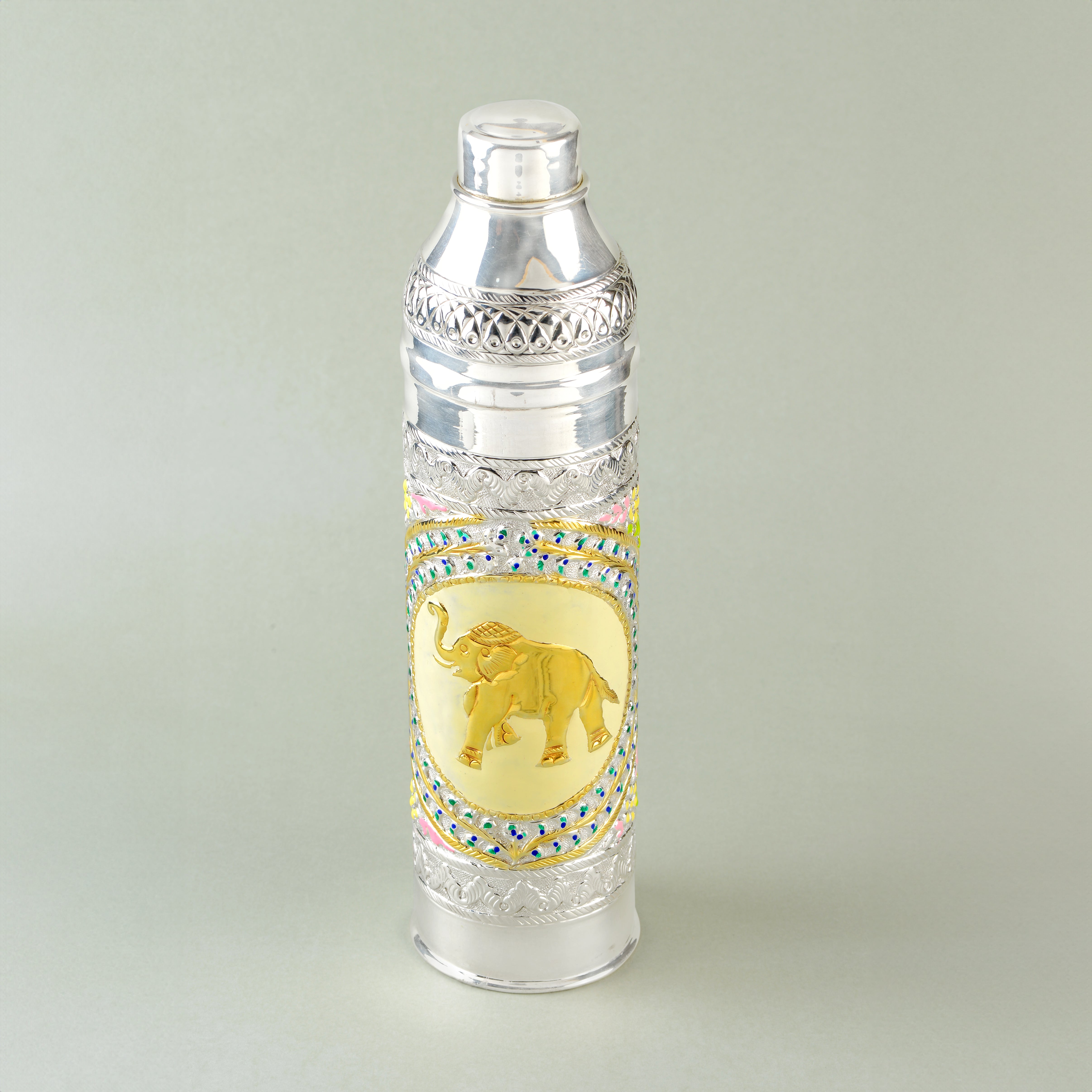 Elephant and Floral Crafted Silver Water Bottle - Krishna Jewellers Pearls and Gems