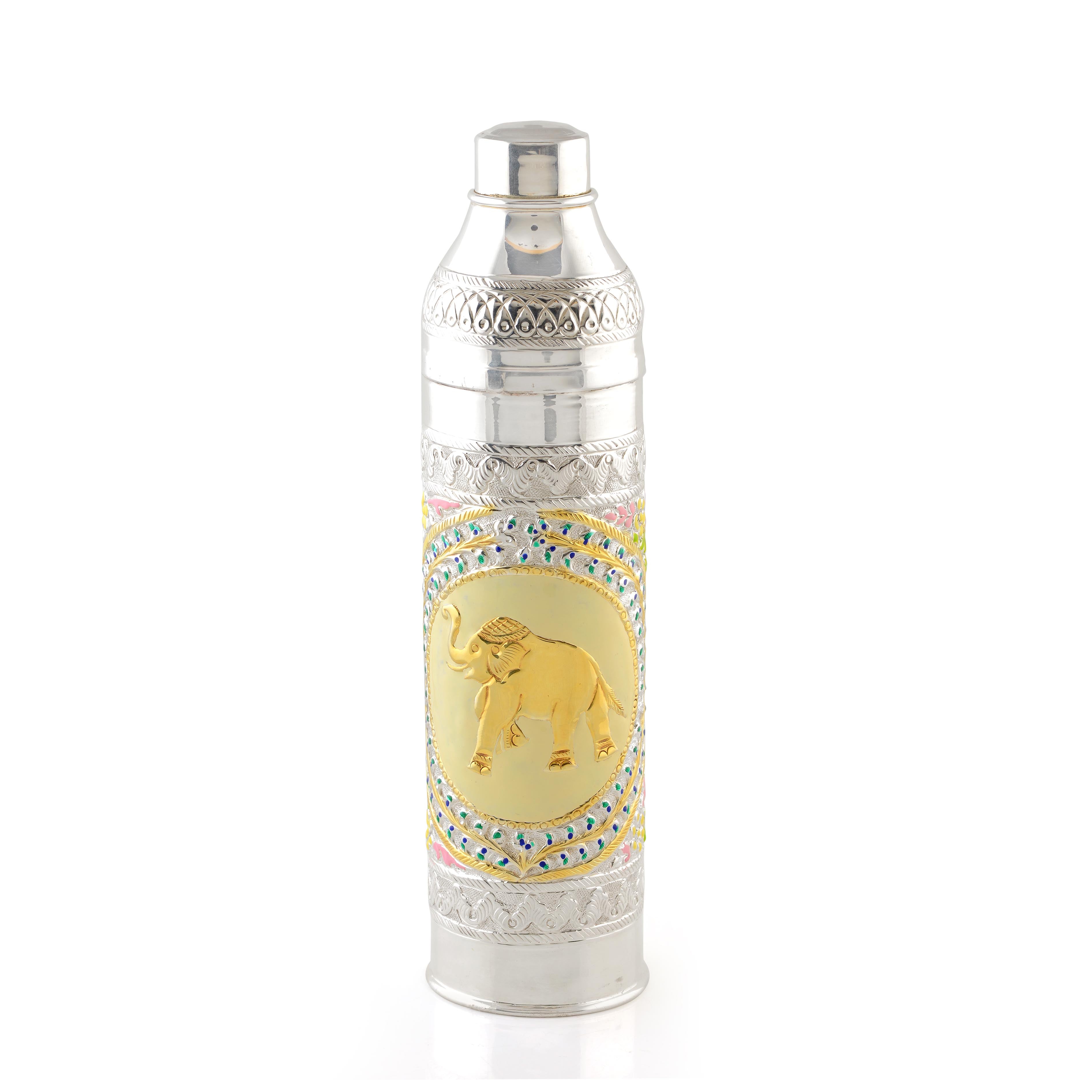 Elephant and Floral Crafted Silver Water Bottle - Krishna Jewellers Pearls and Gems