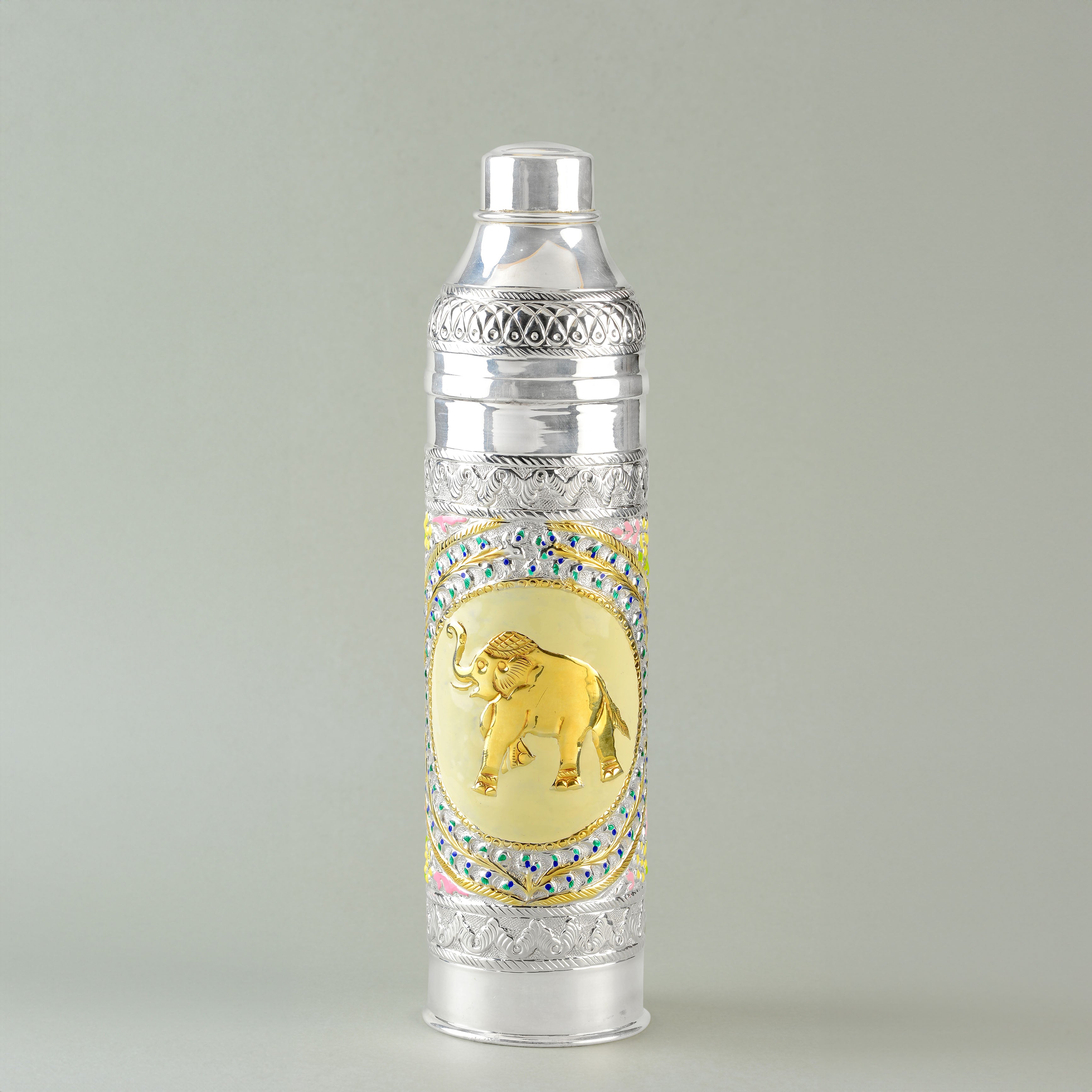 Elephant and Floral Crafted Silver Water Bottle - Krishna Jewellers Pearls and Gems