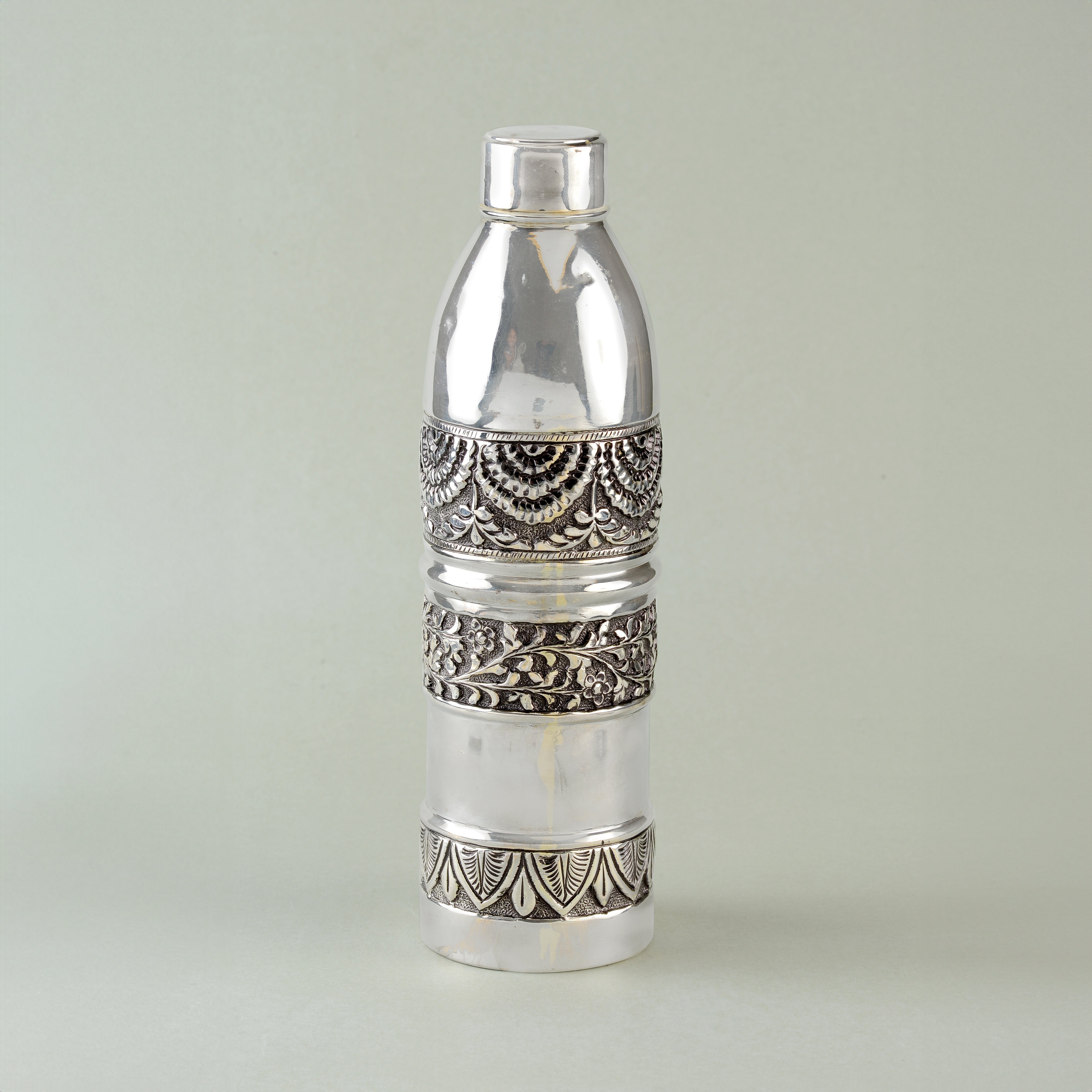 Silver Water Bottle with Leaf and Floral Design - Krishna Jewellers Pearls and Gems