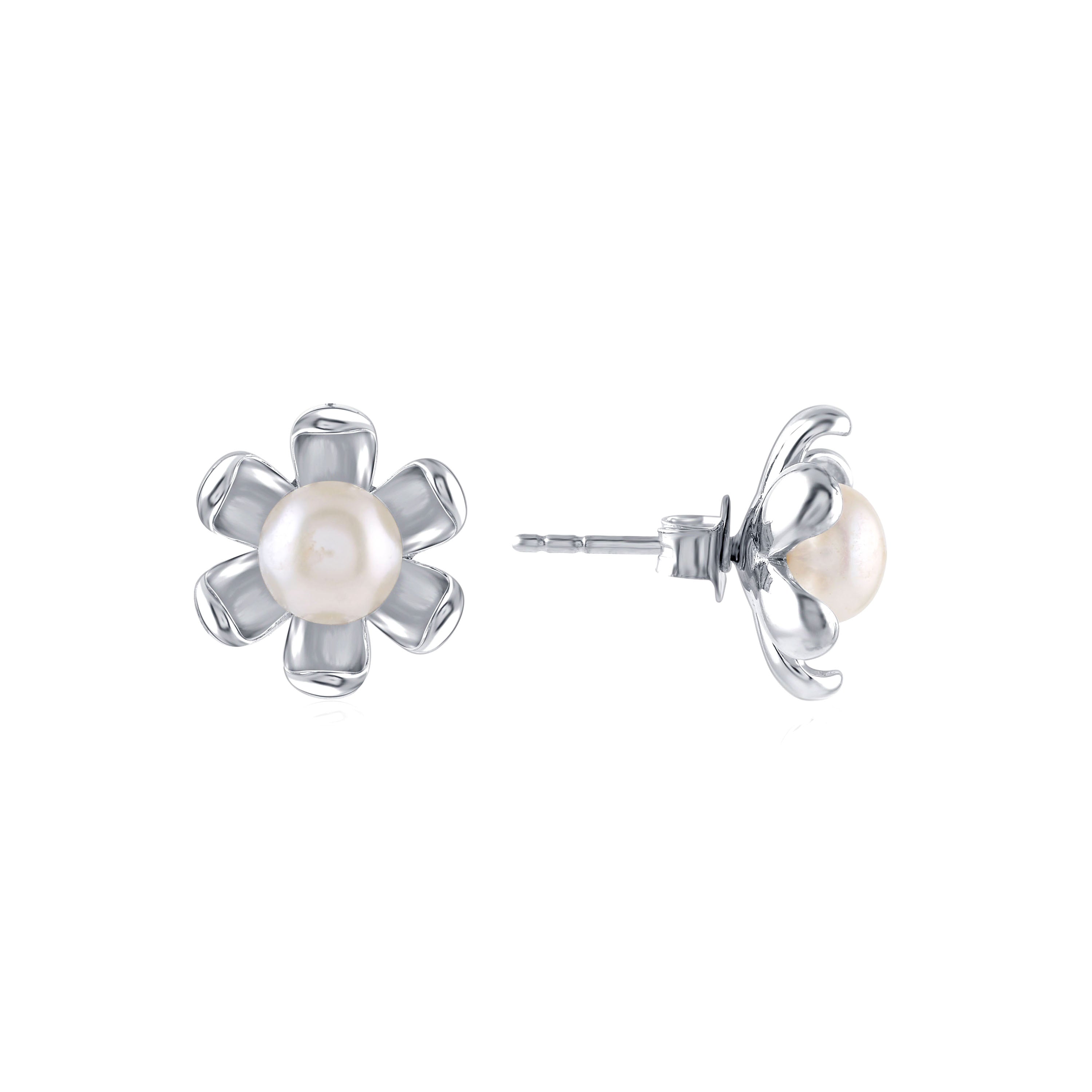 Stunning Silver Floral Pearls Studs Earrings