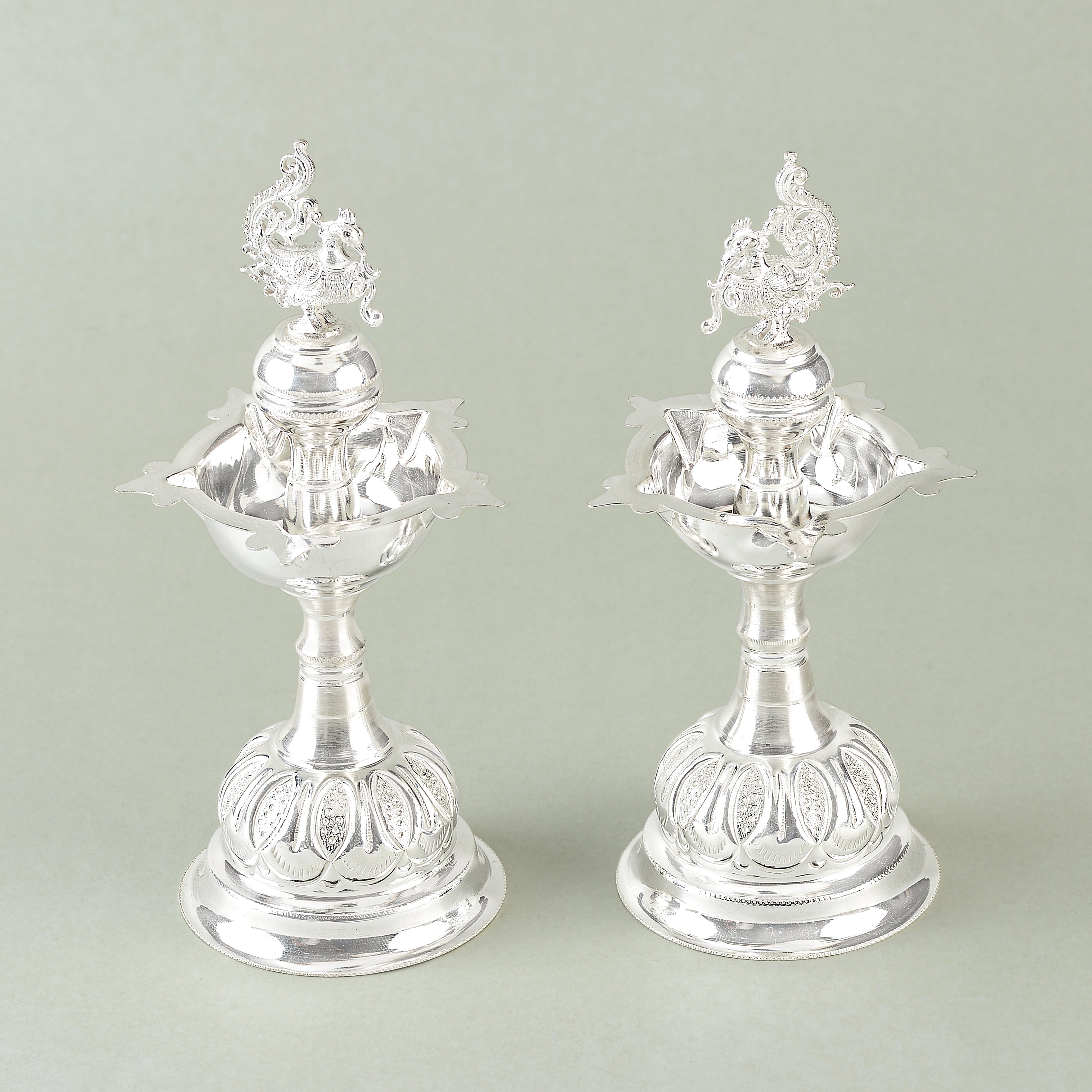 Silver Deepam with Peacock Motif