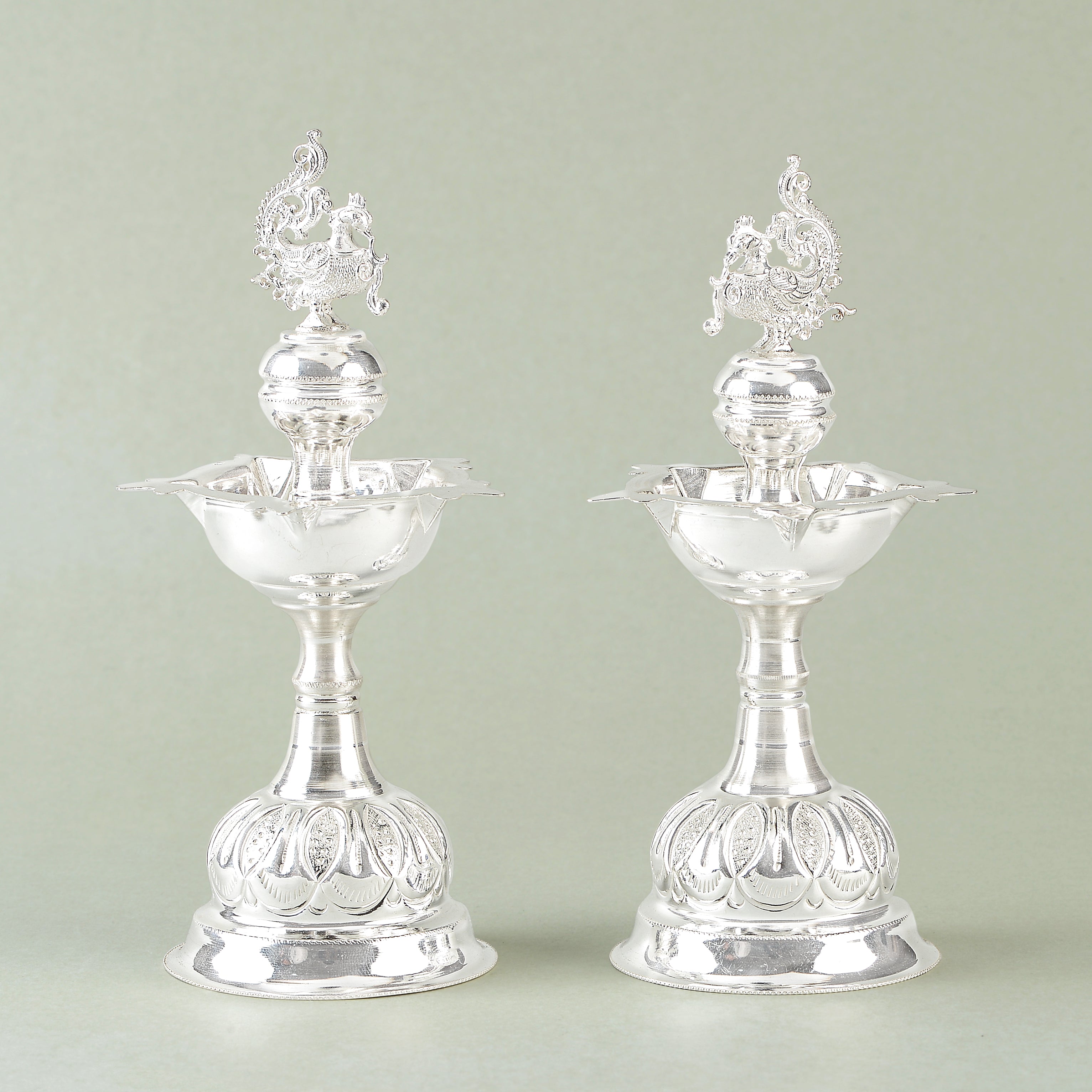 Silver Deepam with Peacock Motif