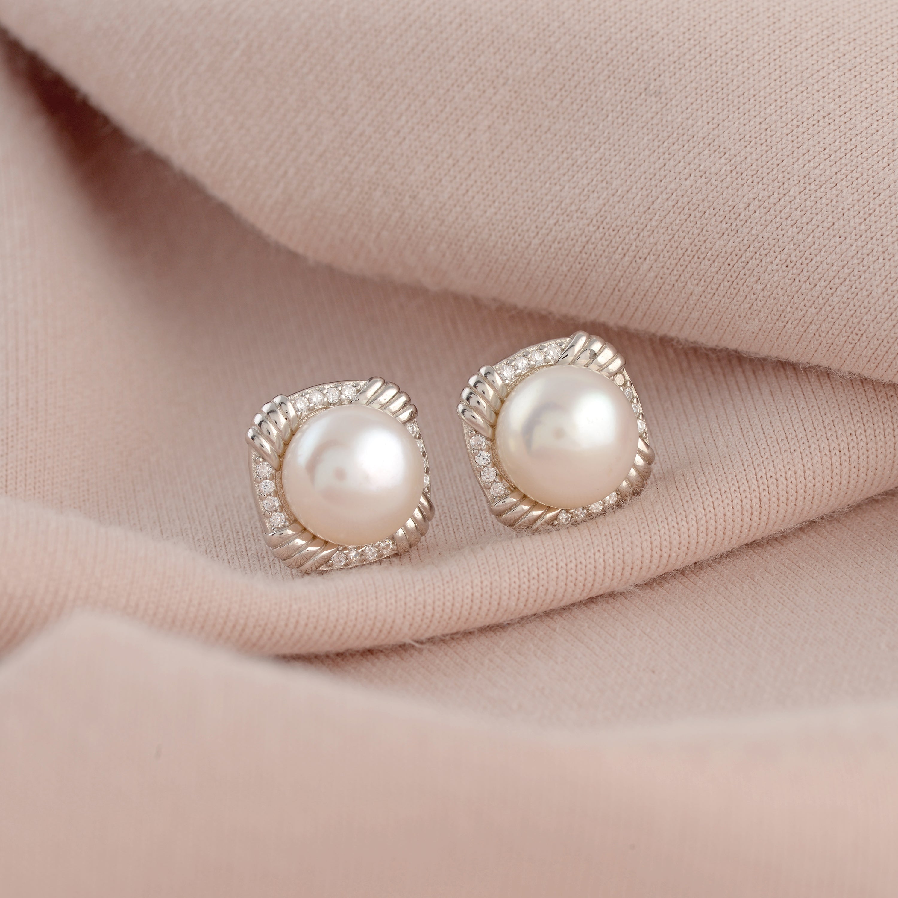 Silver Sparkle Button Pearl Stud Earrings