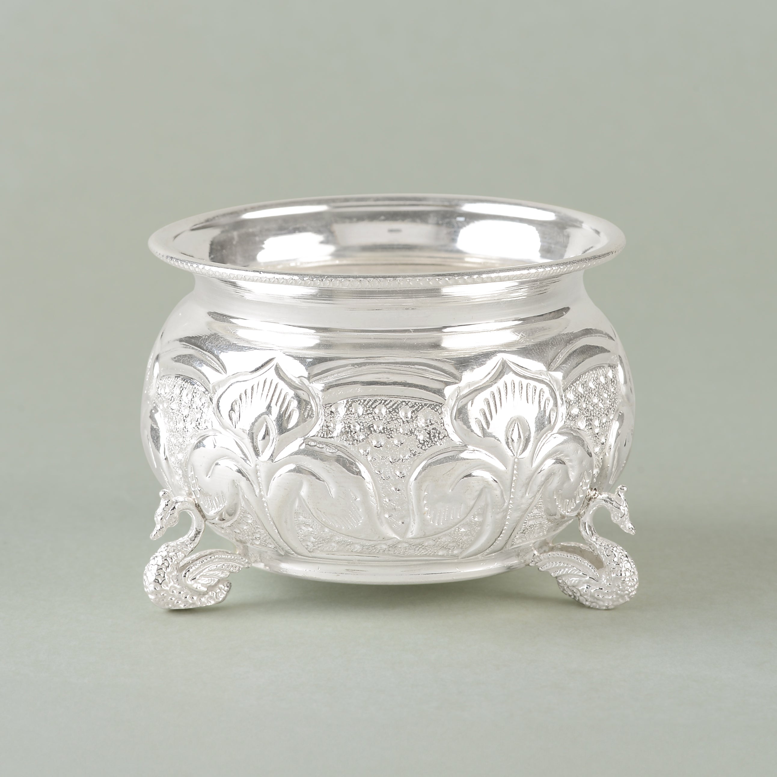 Silver Bowl Crafted with Hamsa and Leaf Design