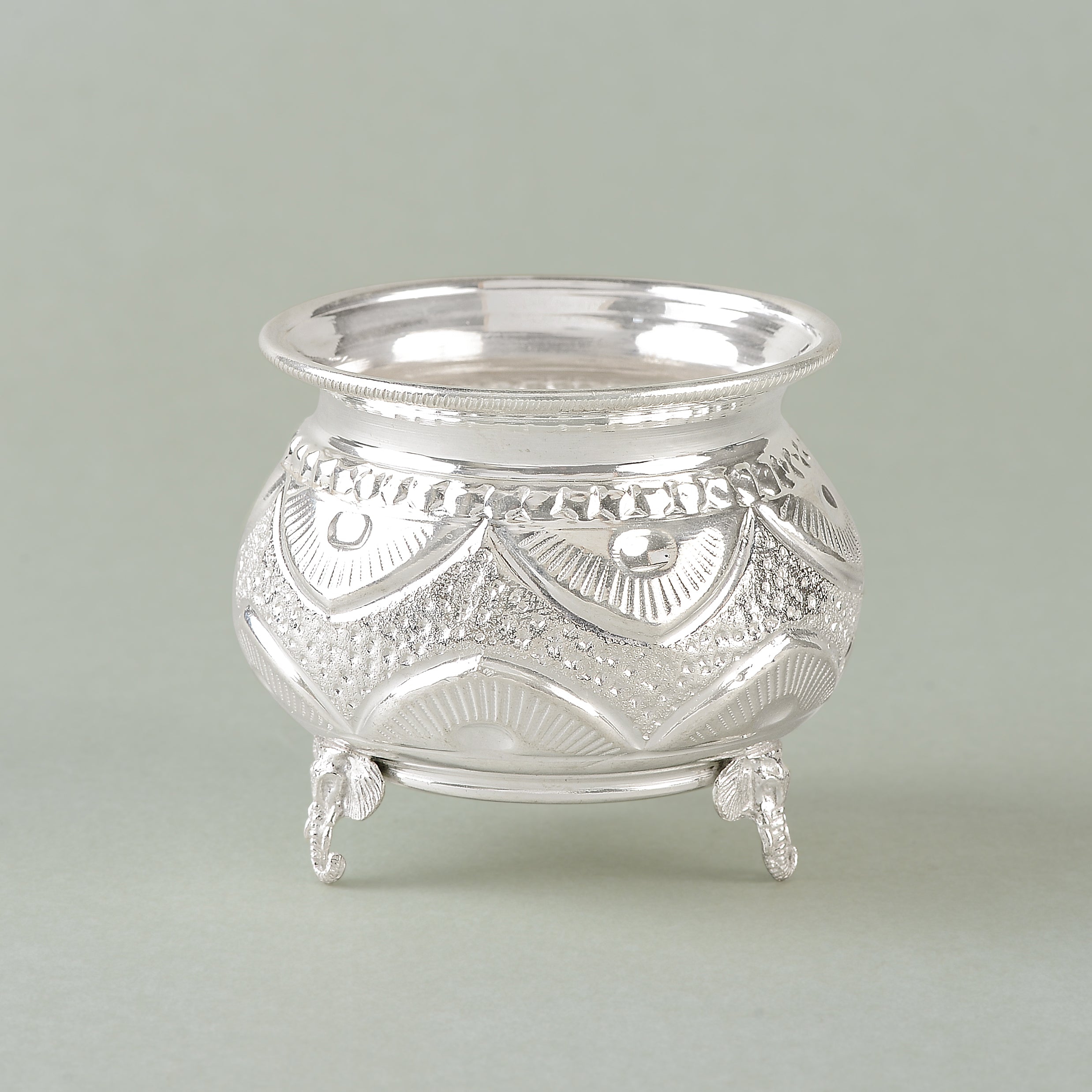 Silver Bowl with Round Thoranam Design and Three Elephant Legs