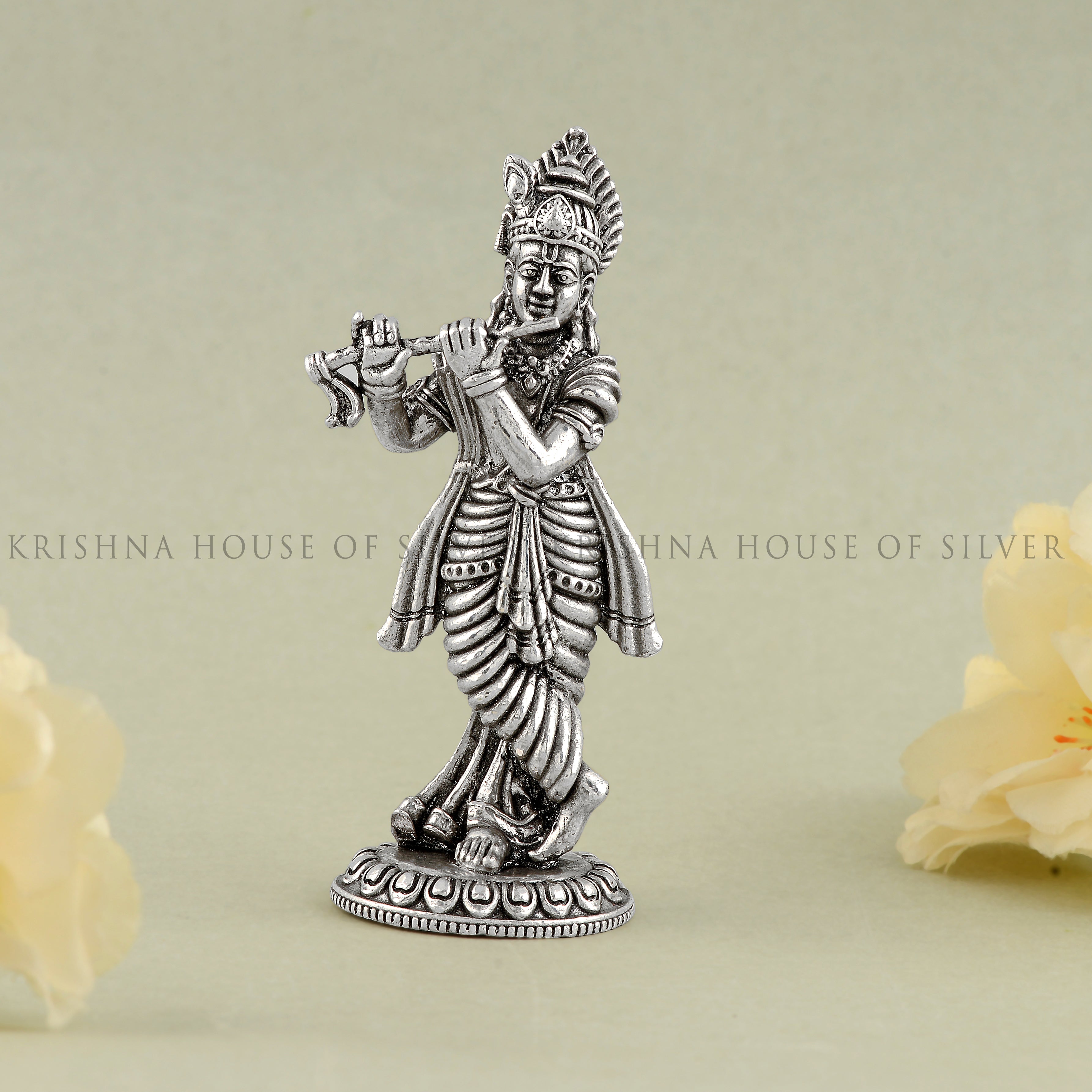 Silver Krishna Idol Playing Flute - Standing Murti