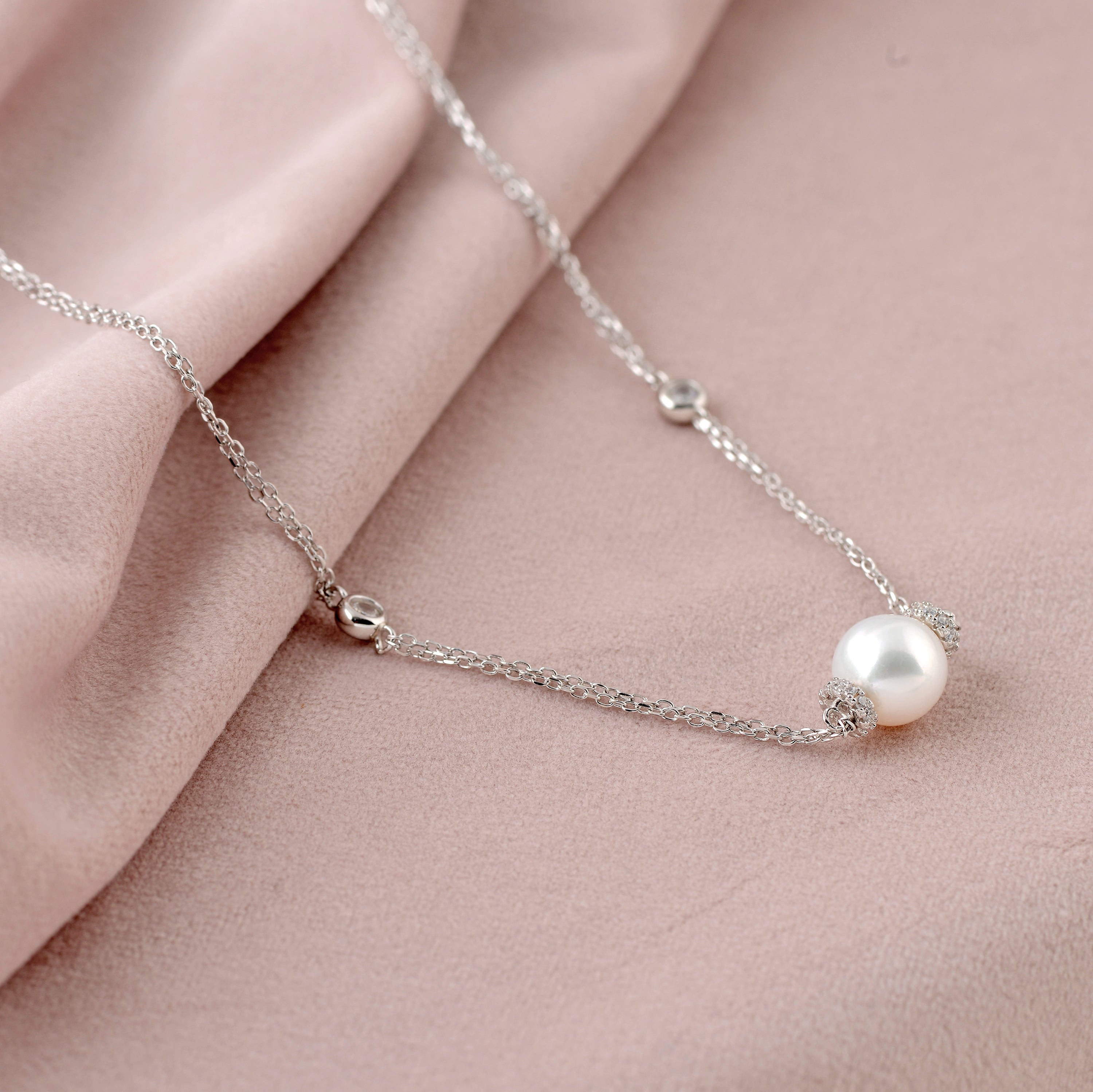 Sterling Silver Round Fresh Water Pearl Beaded Chain Necklace