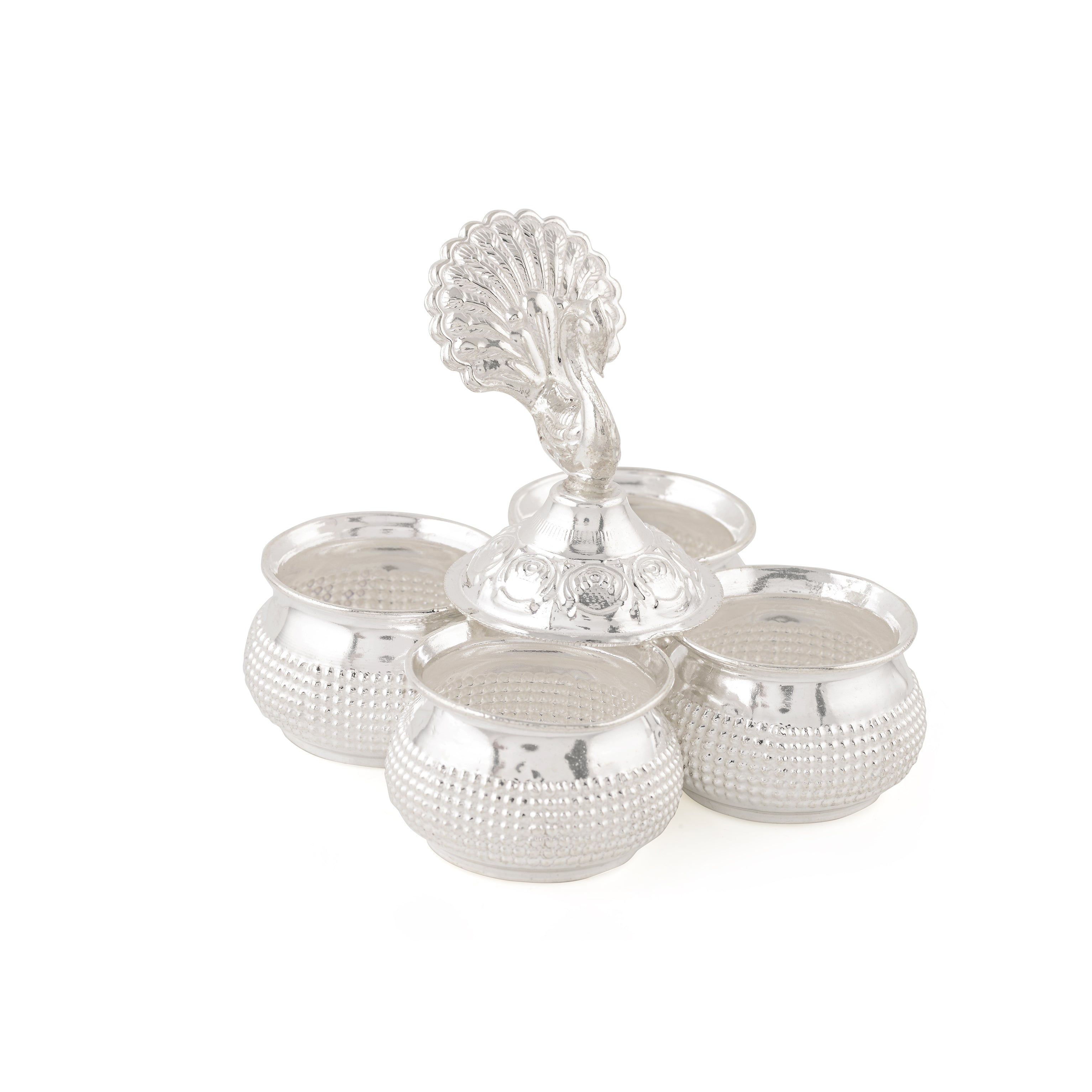 Beautiful Peacock-Themed Pure Silver Kumkum and Haldi Bowls (Set of 4)