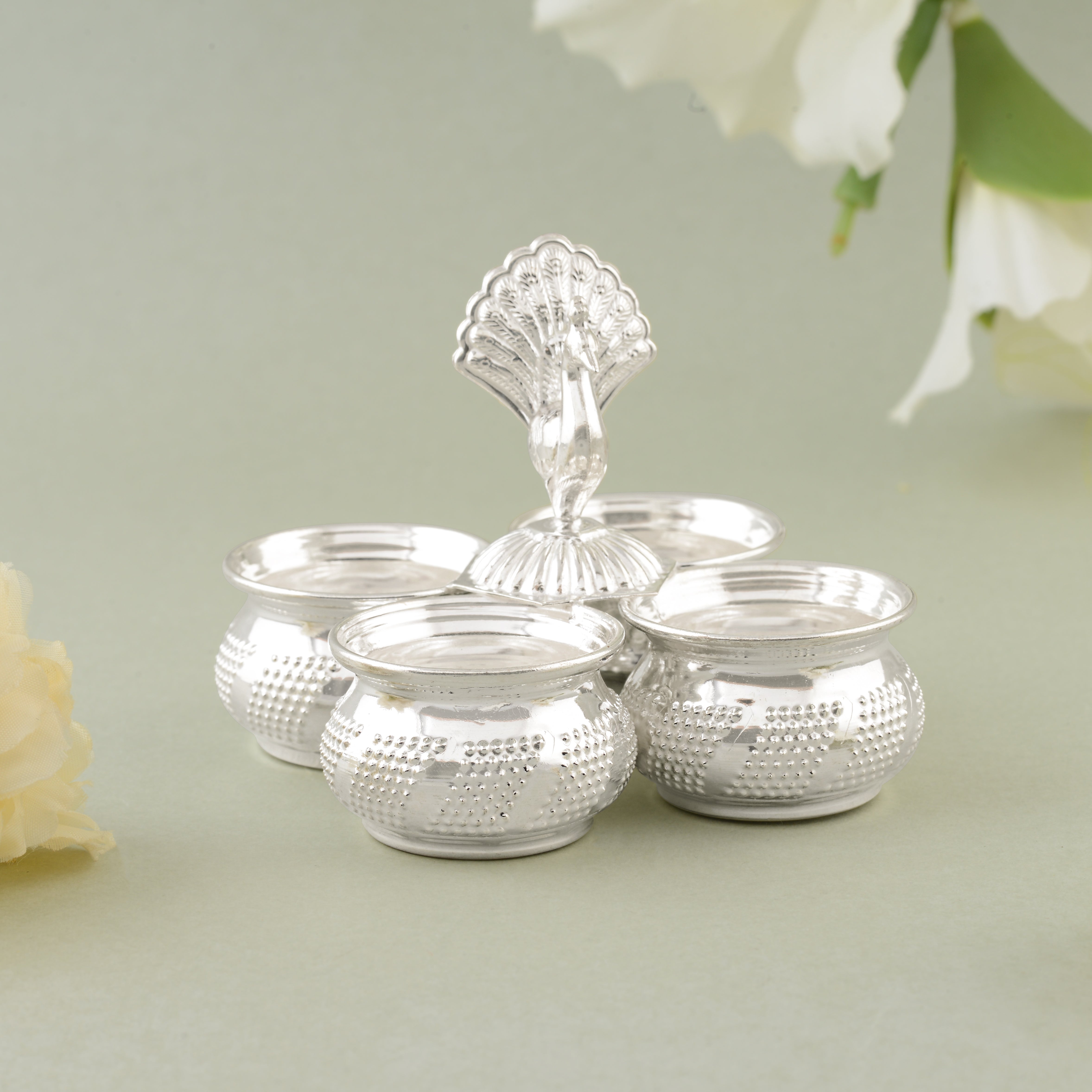 Pure Silver Kumkum and Haldi Bowls with Peacock Design