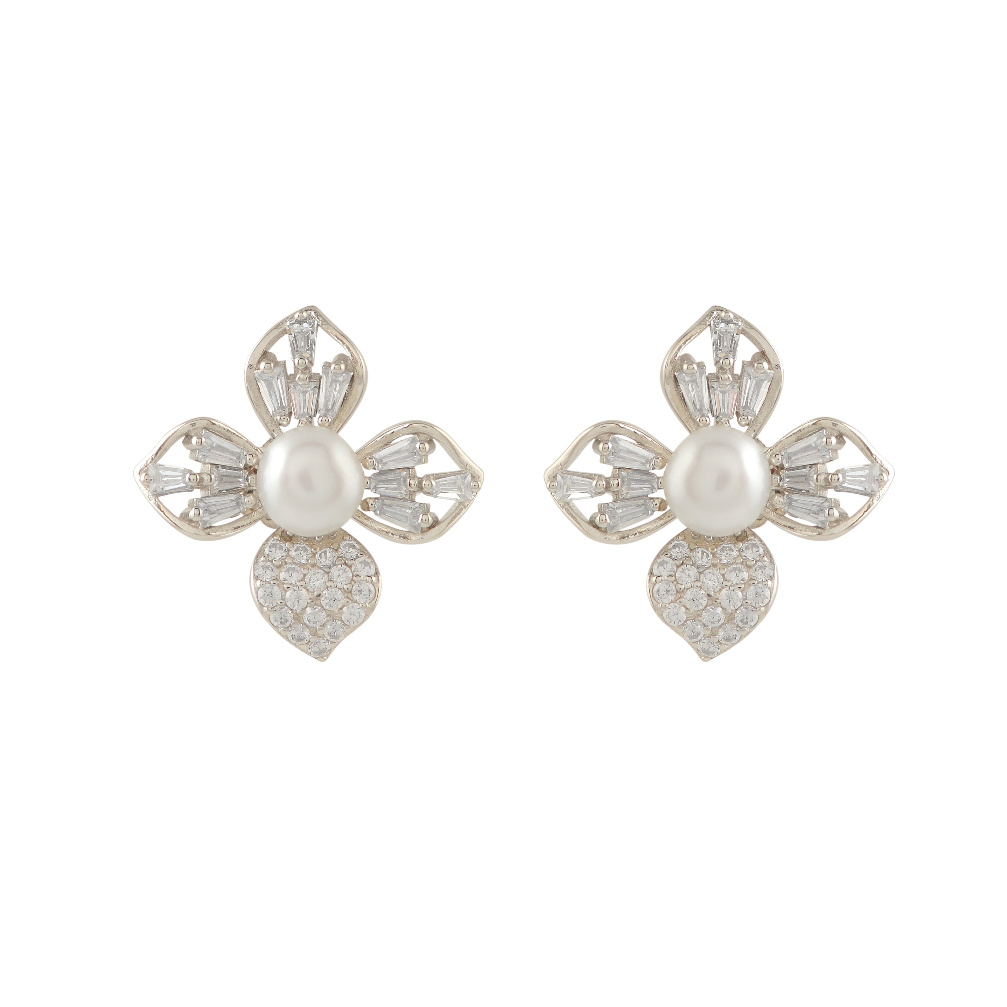 Pearl stud earrings in jasmine petal style.