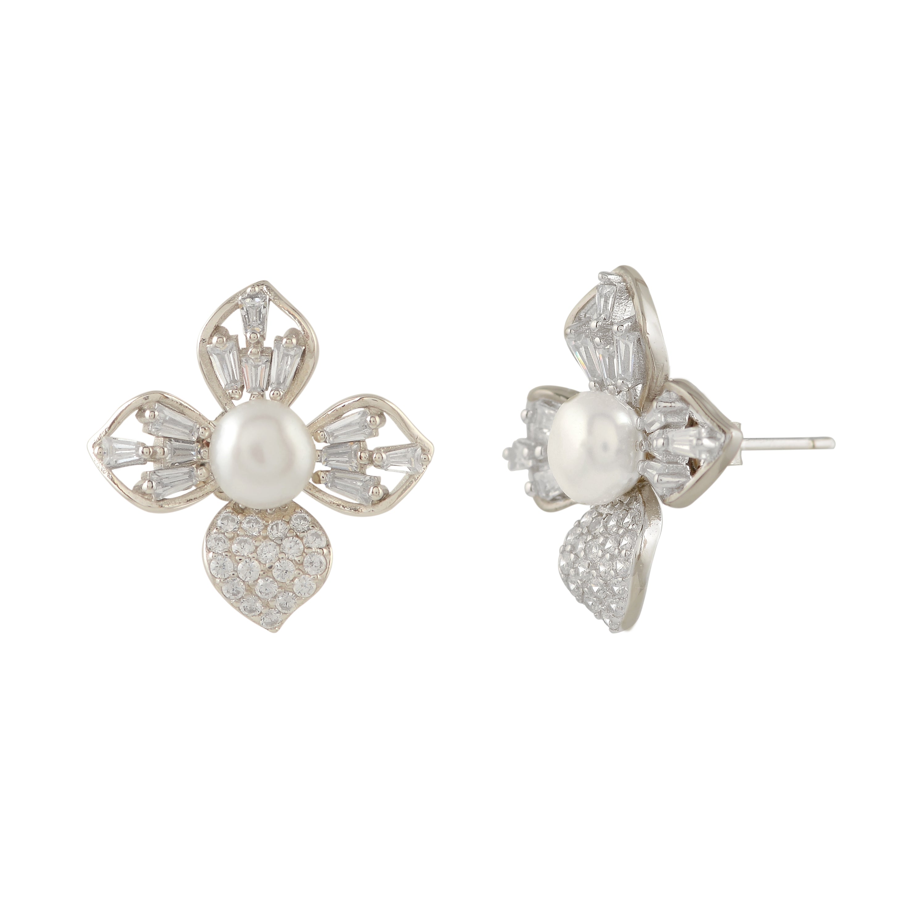 Pearl stud earrings in jasmine petal style.