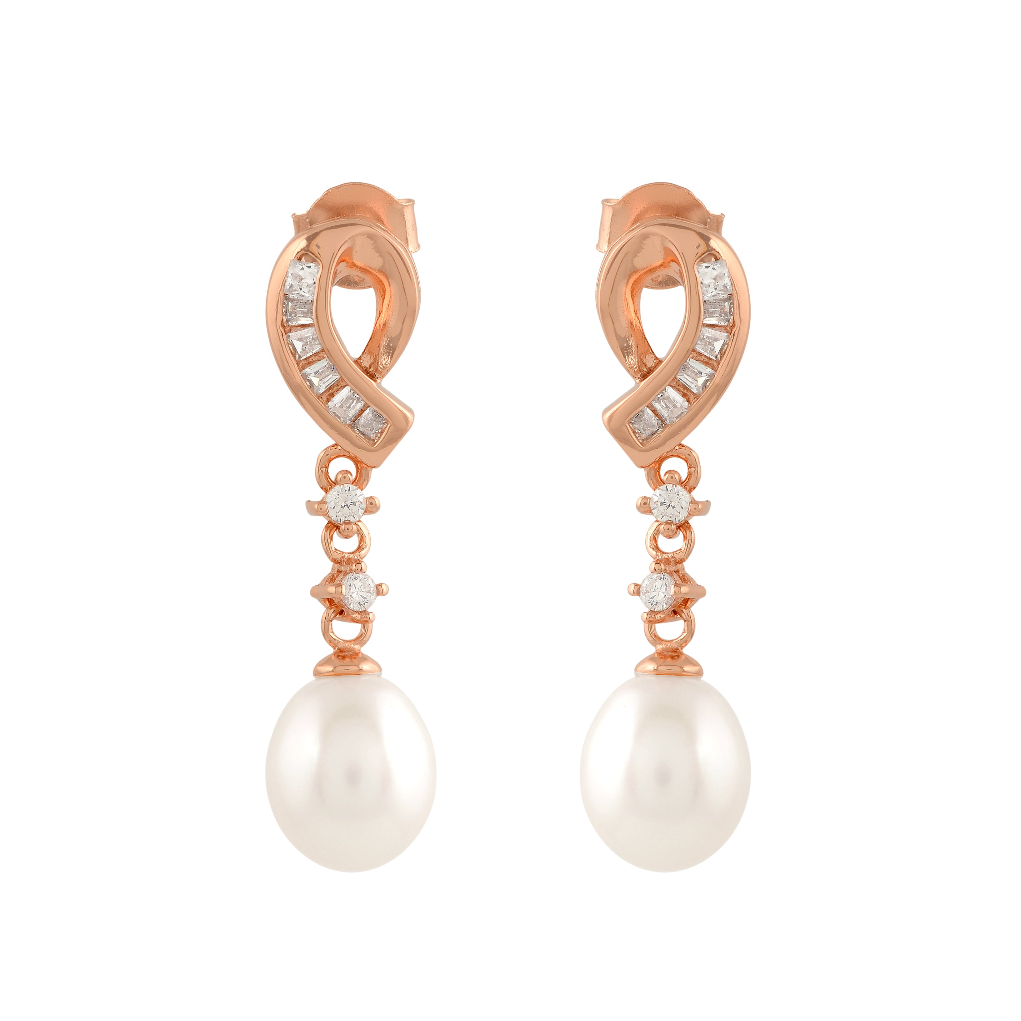 rose gold s-shaped stud with freshwater pearl