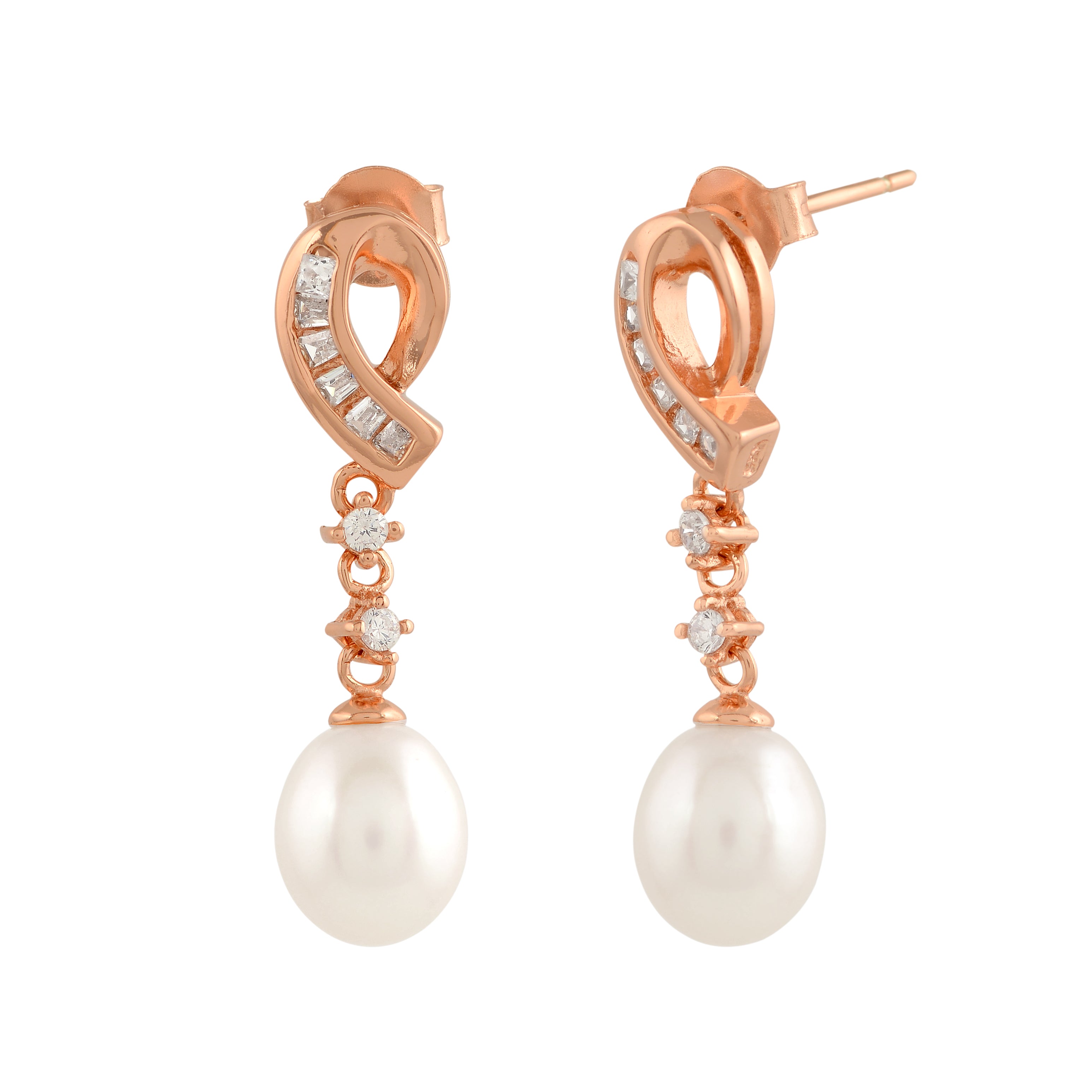 rose gold s-shaped stud with freshwater pearl